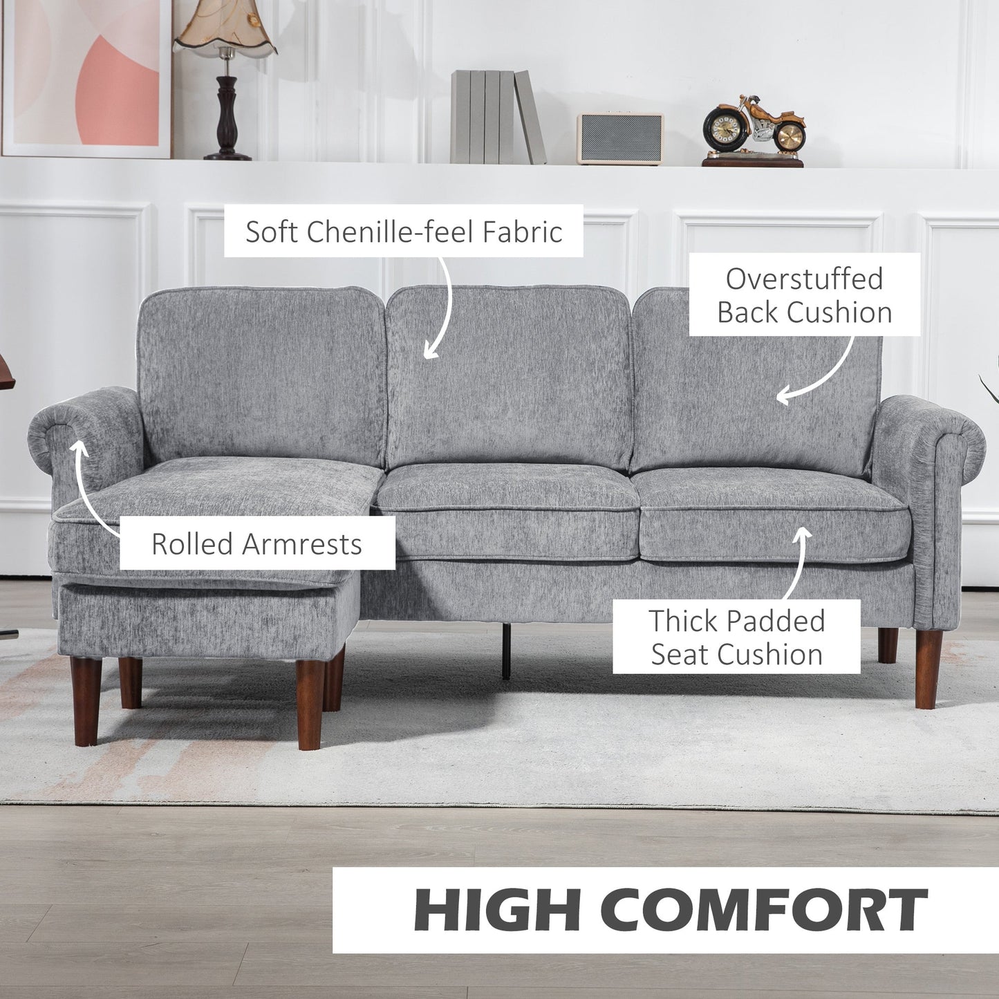 L Shape Sofa, Modern Sectional Couch with Reversible Chaise Lounge, Wooden Legs, Corner Sofa for Living Room, Grey 3-Seater Sofas   at Gallery Canada