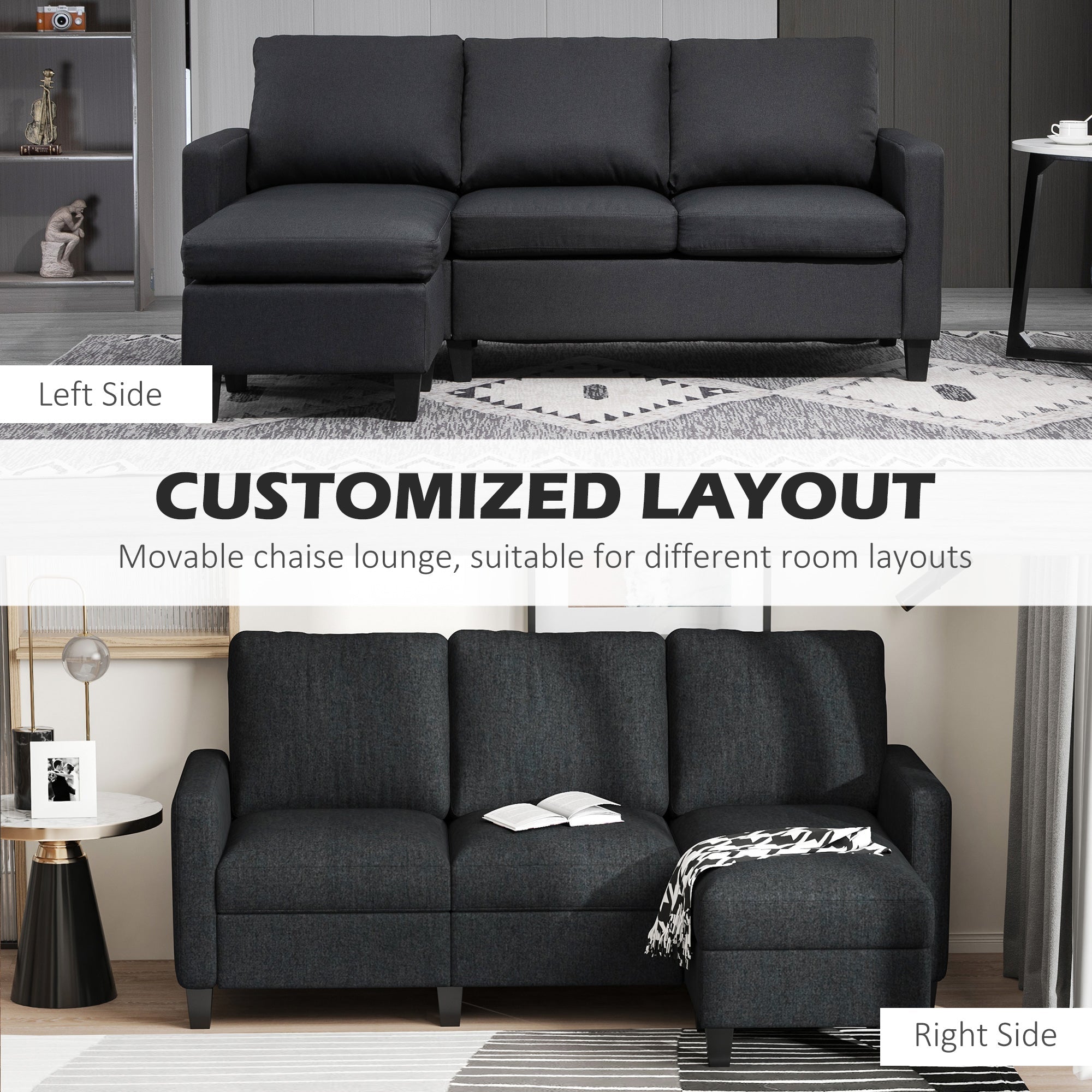 L-Shape Sofa, Modern Sectional Couch with Reversible Ottoman, Convertible Corner Sofa for Living Room, Dark Grey Sofas & Reclining Chairs   at Gallery Canada