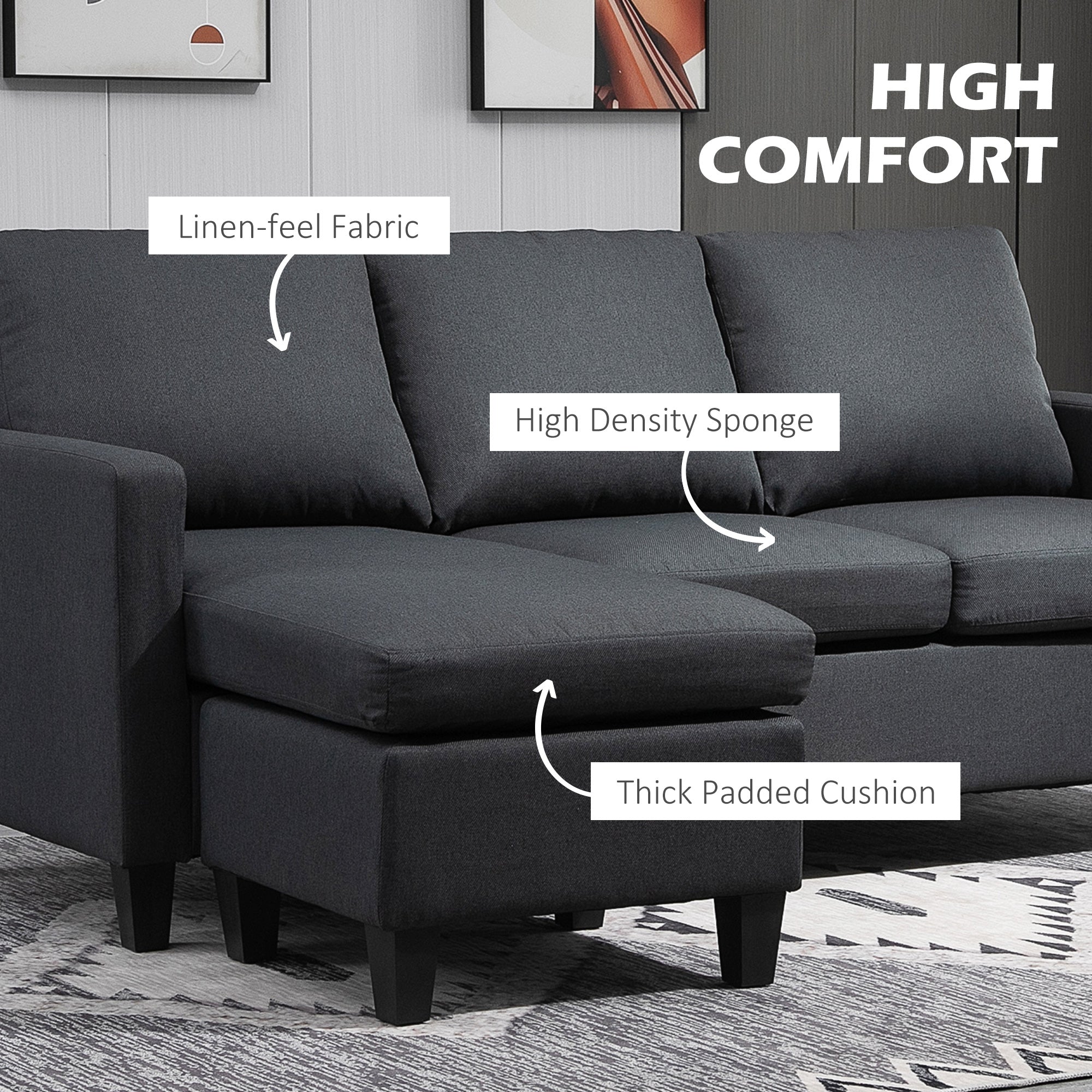 L-Shape Sofa, Modern Sectional Couch with Reversible Ottoman, Convertible Corner Sofa for Living Room, Dark Grey Sofas & Reclining Chairs   at Gallery Canada