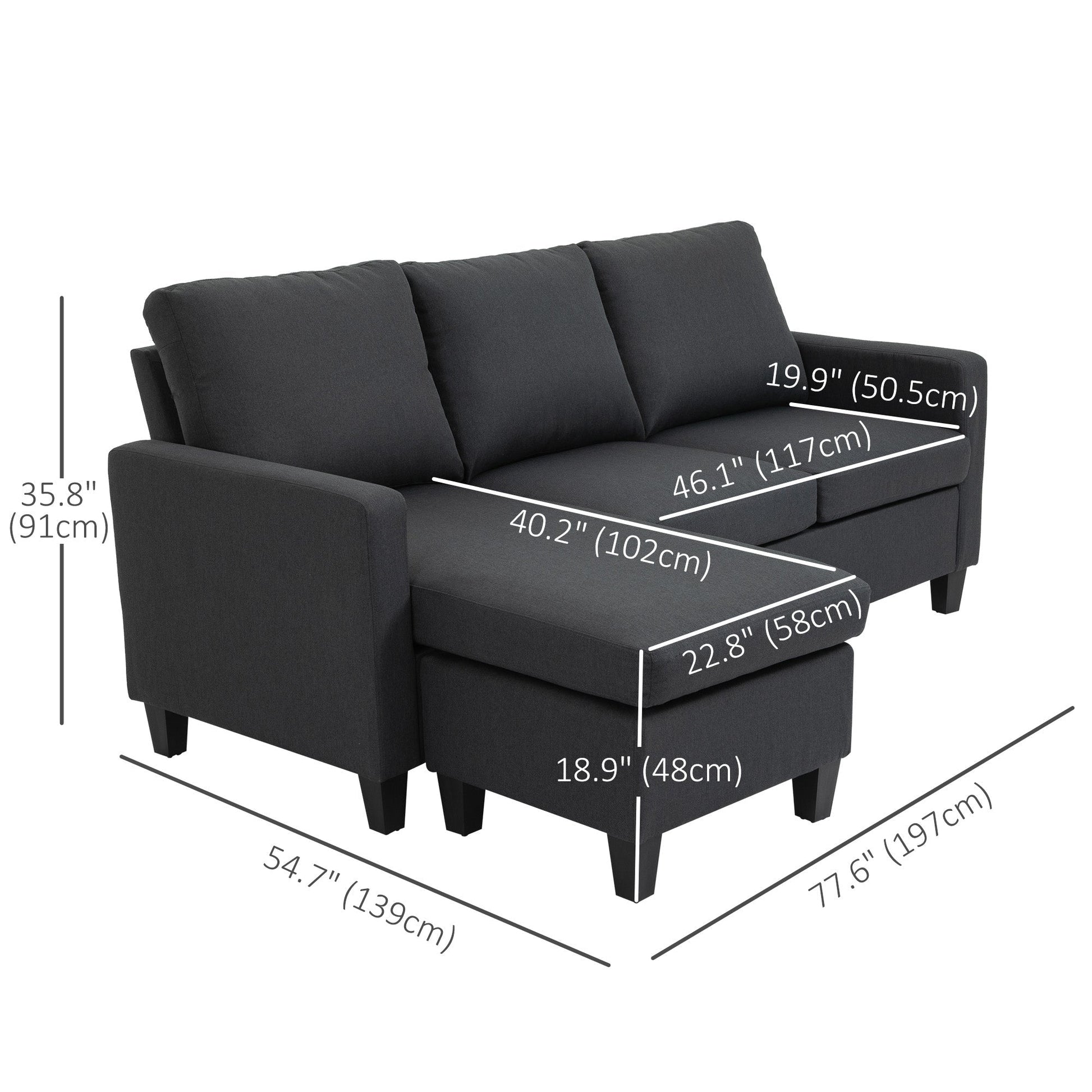 L-Shape Sofa, Modern Sectional Couch with Reversible Ottoman, Convertible Corner Sofa for Living Room, Dark Grey Sofas & Reclining Chairs   at Gallery Canada