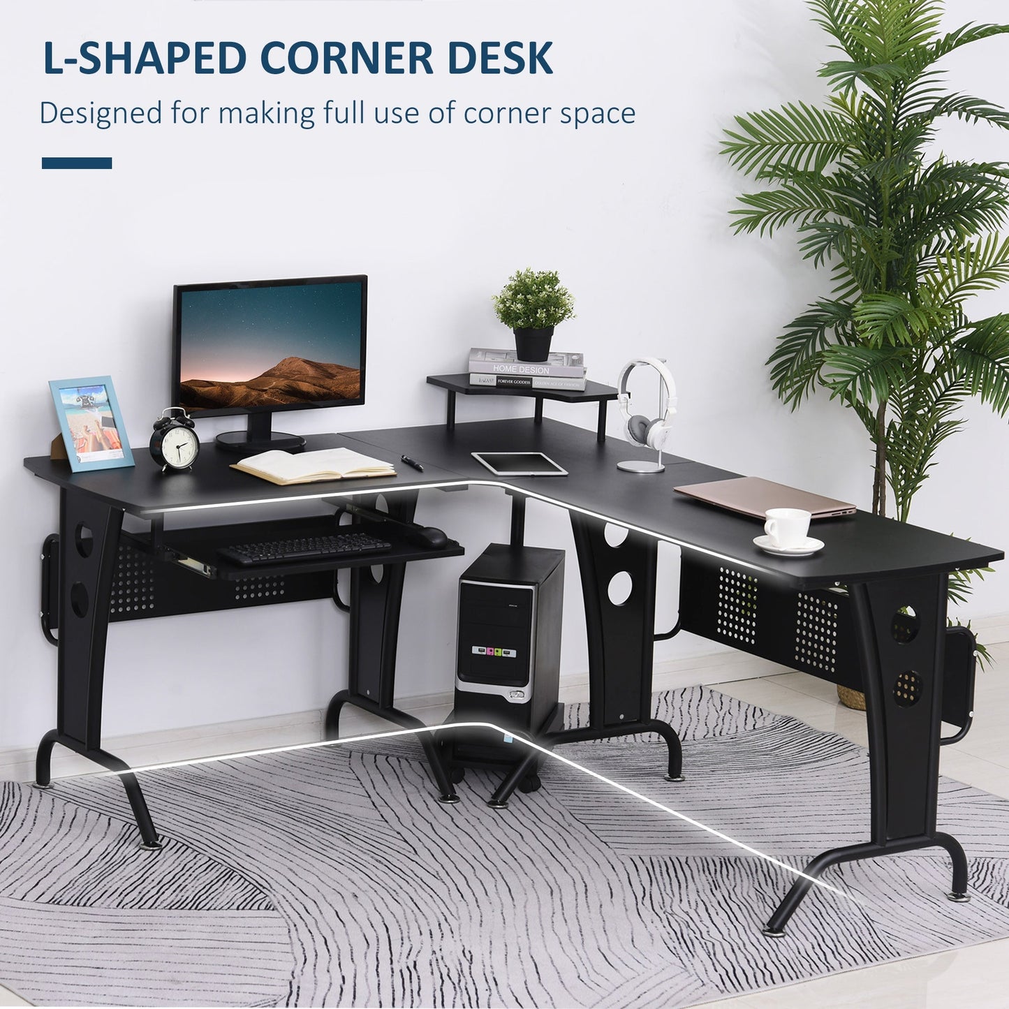 L-Shaped Computer Desk for PC, Corner Table for Small Spaces with Elevated Shelf, Keyboard Tray, CPU Stand, Home Office Computer Desks   at Gallery Canada