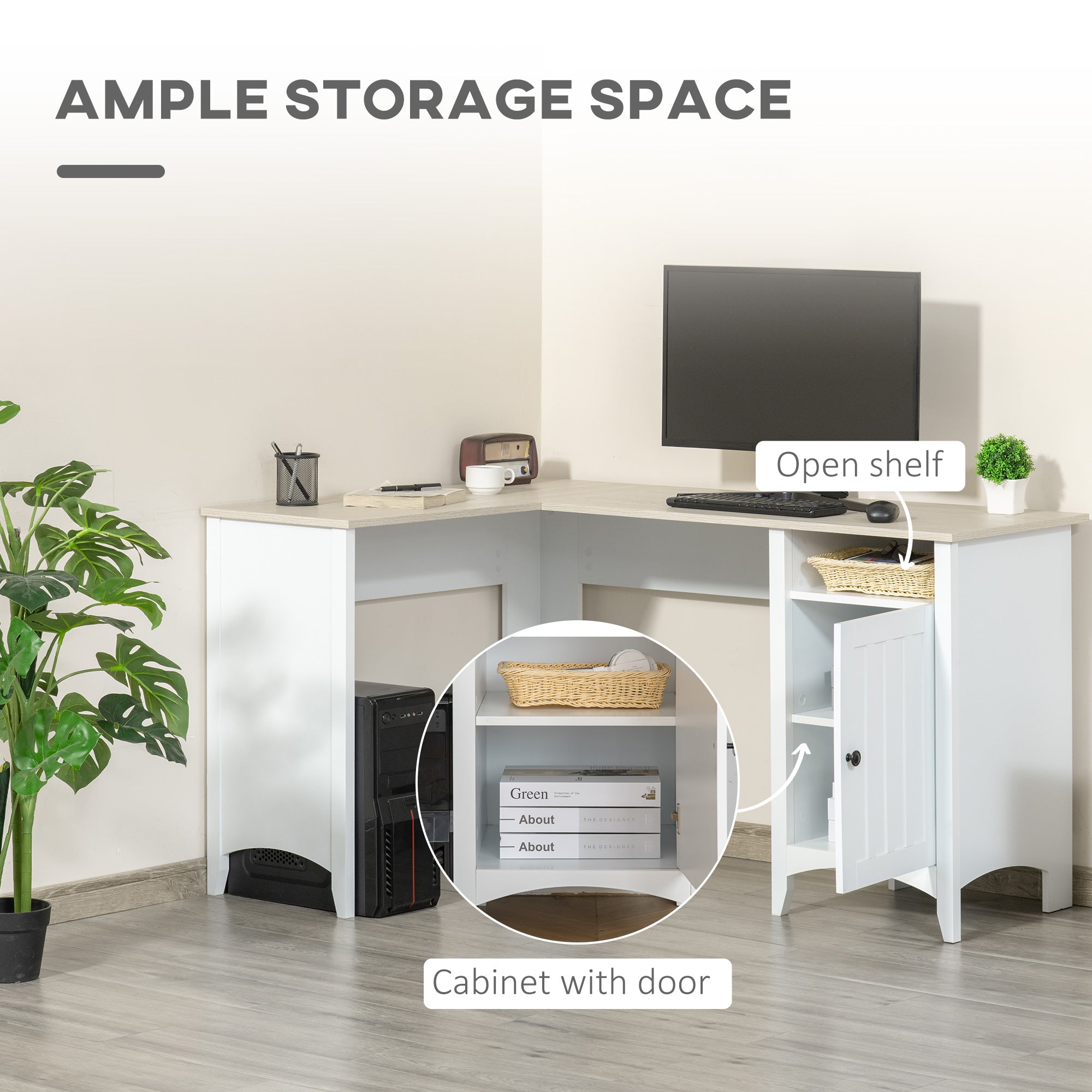 L-Shaped Computer Desk with Shelf and Storage Cabinet, Corner Writing Desk, Home Office Workstation, Natural Wood and White Writing Desks   at Gallery Canada