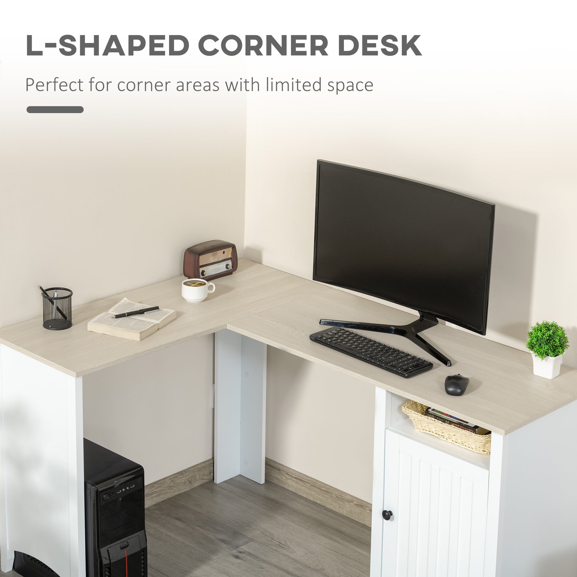 L-Shaped Computer Desk with Shelf and Storage Cabinet, Corner Writing Desk, Home Office Workstation, Natural Wood and White Writing Desks   at Gallery Canada