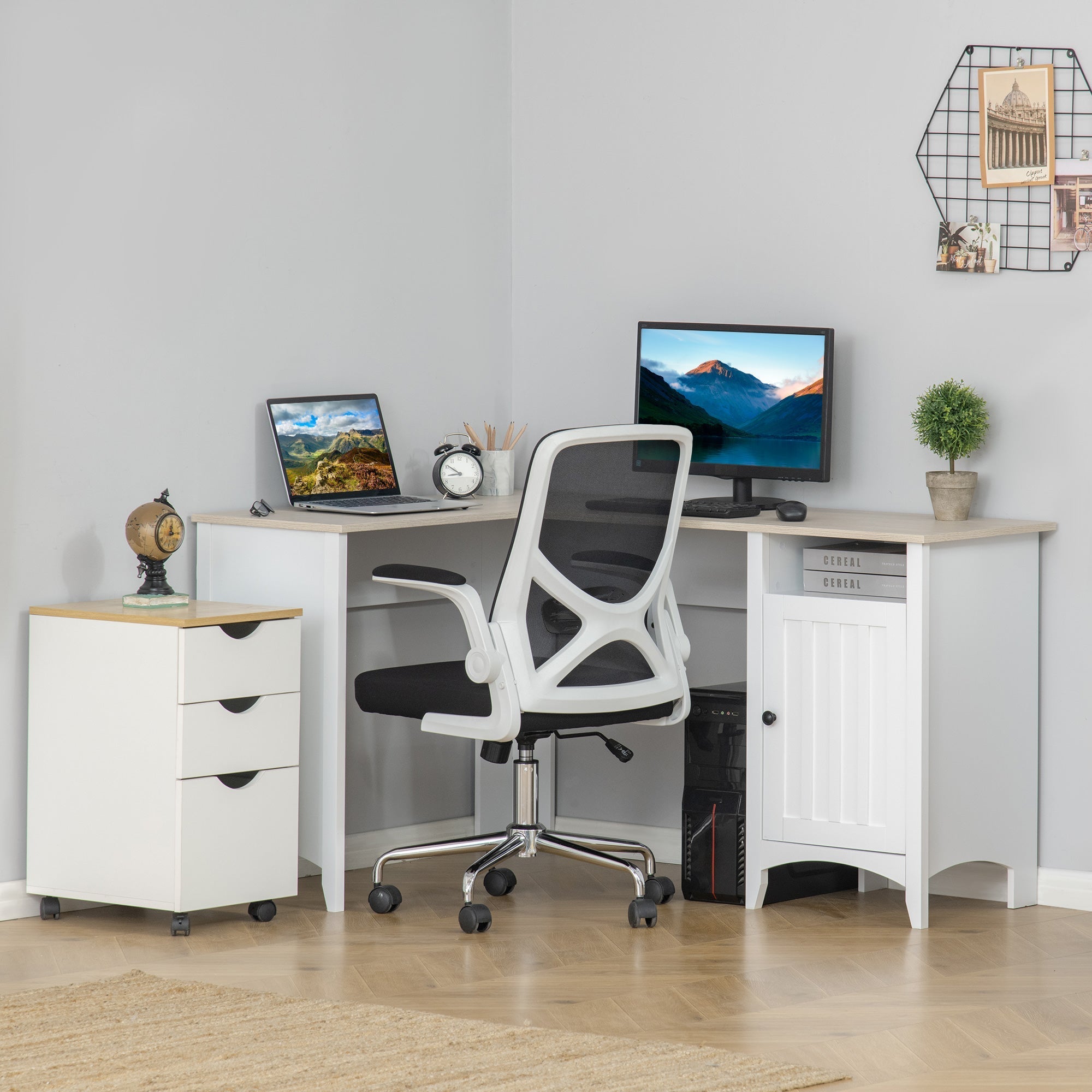 L-Shaped Computer Desk with Shelf and Storage Cabinet, Corner Writing Desk, Home Office Workstation, Natural Wood and White Writing Desks   at Gallery Canada