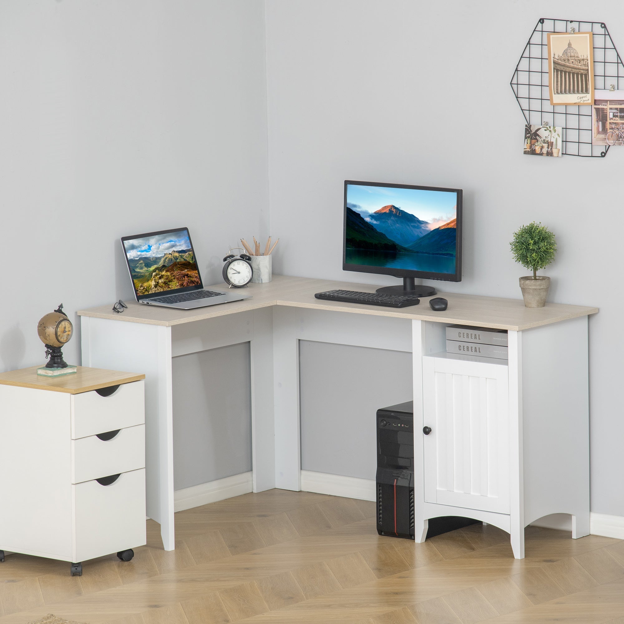 L-Shaped Computer Desk with Shelf and Storage Cabinet, Corner Writing Desk, Home Office Workstation, Natural Wood and White Writing Desks   at Gallery Canada