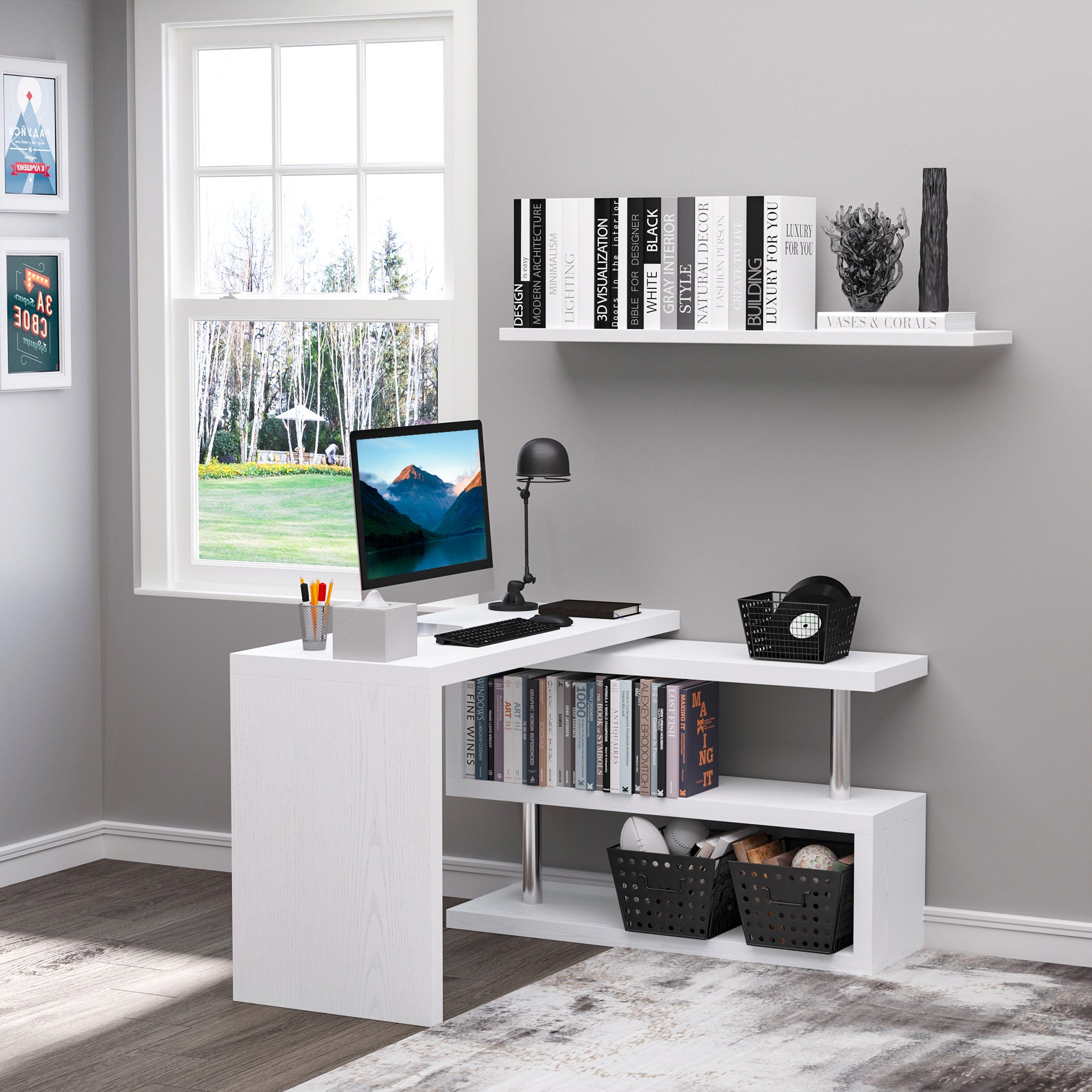 L-Shaped Desk, 360° Rotating Computer Corner Desk, Home Office Writing Table Workstation with Storage Shelf, White Writing Desks   at Gallery Canada