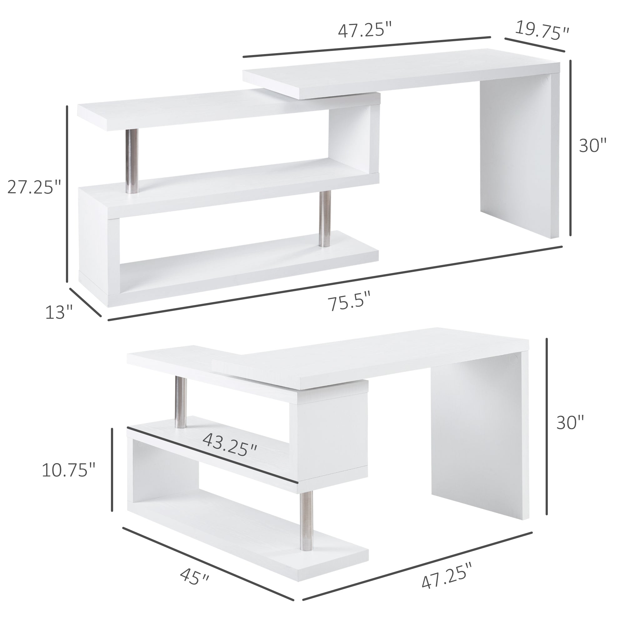 L-Shaped Desk, 360° Rotating Computer Corner Desk, Home Office Writing Table Workstation with Storage Shelf, White Writing Desks   at Gallery Canada