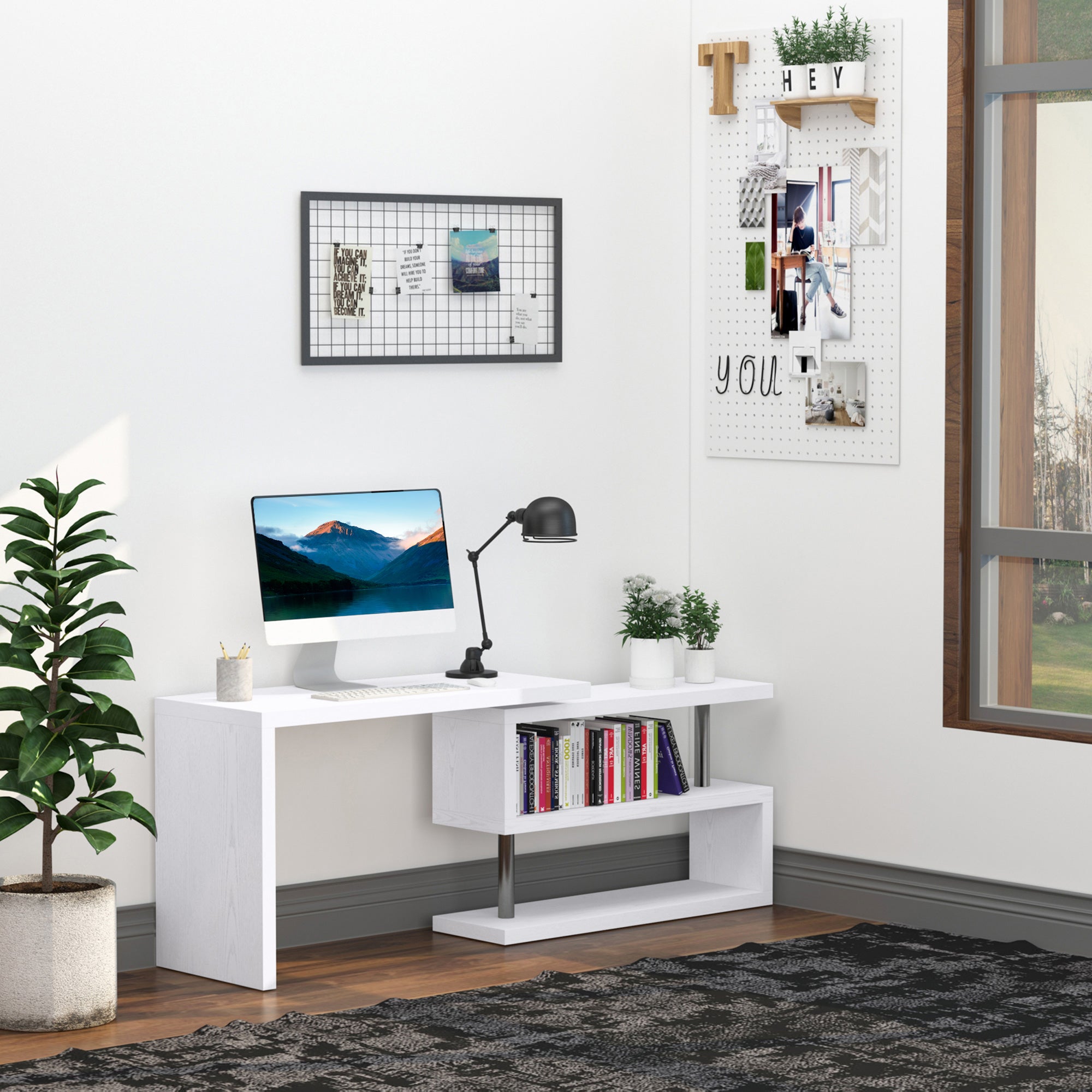 L-Shaped Desk, 360° Rotating Computer Corner Desk, Home Office Writing Table Workstation with Storage Shelf, White Writing Desks   at Gallery Canada