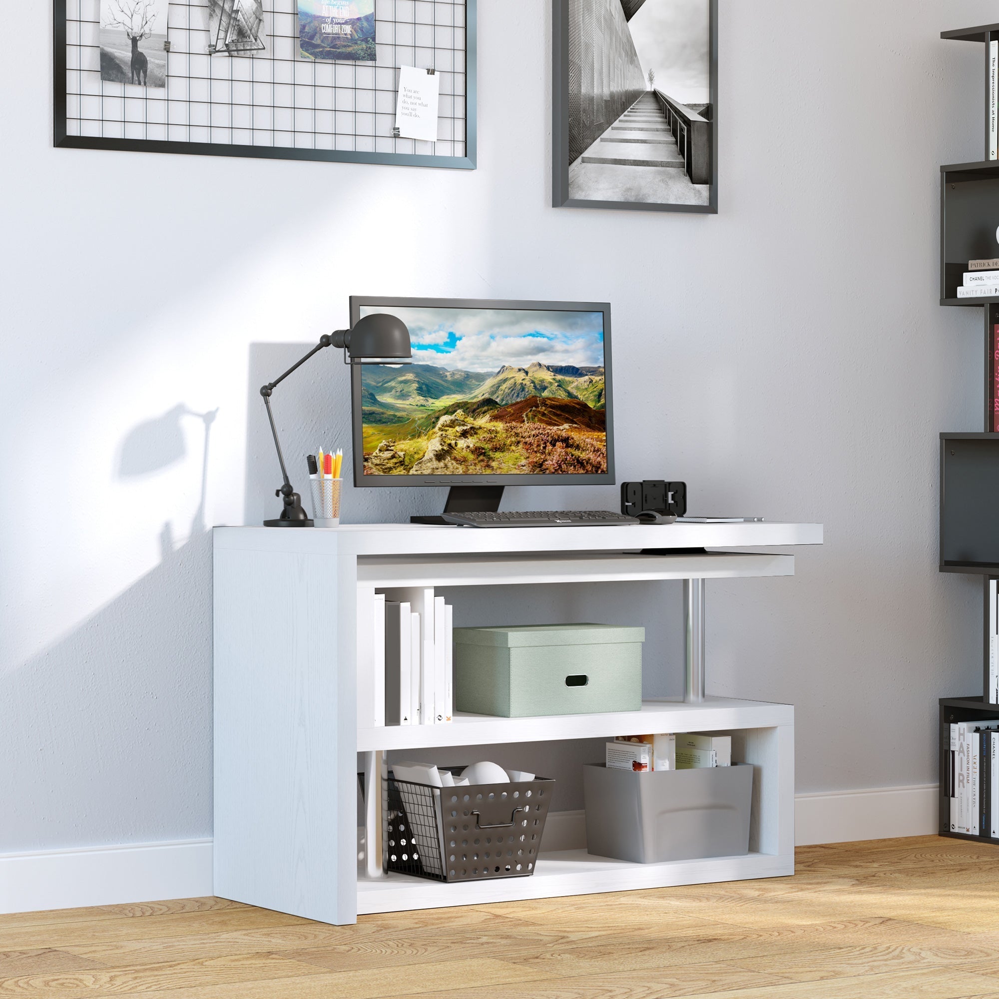 L-Shaped Desk, 360° Rotating Computer Corner Desk, Home Office Writing Table Workstation with Storage Shelf, White Writing Desks   at Gallery Canada