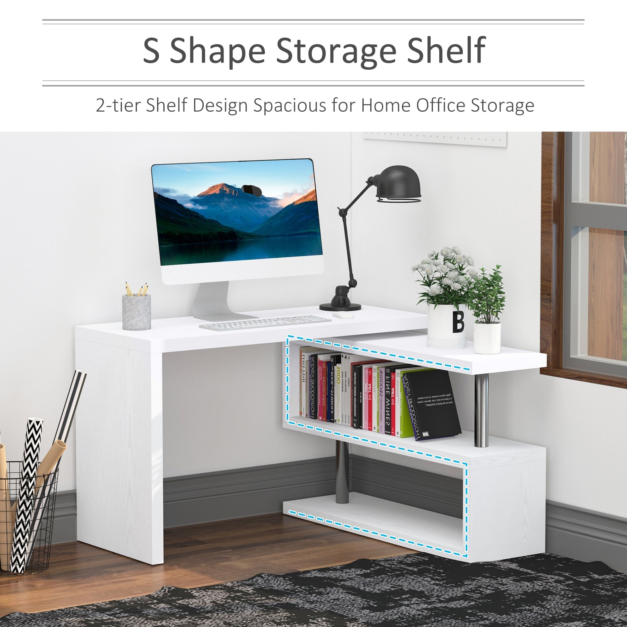 L-Shaped Desk, 360° Rotating Computer Corner Desk, Home Office Writing Table Workstation with Storage Shelf, White Writing Desks   at Gallery Canada