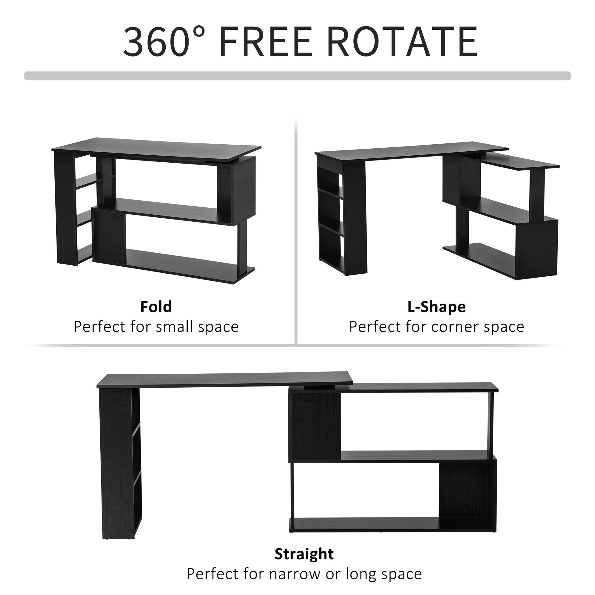 L Shaped Desk, 360° Rotating Corner Desk, Computer Writing Table Workstation with Storage Shelf for Home Office, Black Writing Desks   at Gallery Canada