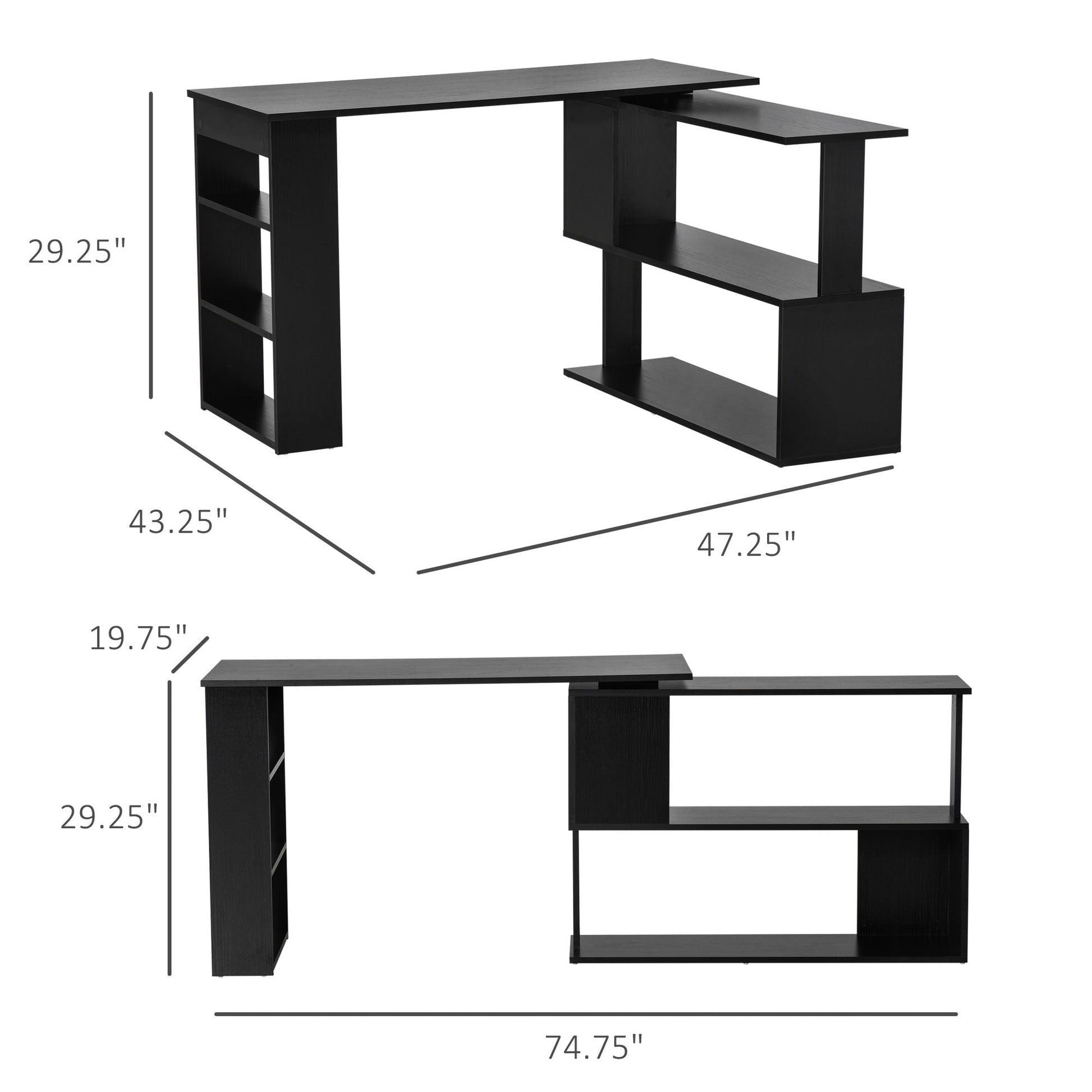 L Shaped Desk, 360° Rotating Corner Desk, Computer Writing Table Workstation with Storage Shelf for Home Office, Black Writing Desks Black  at Gallery Canada