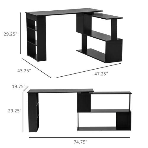 L Shaped Desk, 360° Rotating Corner Desk, Computer Writing Table Workstation with Storage Shelf for Home Office, Black