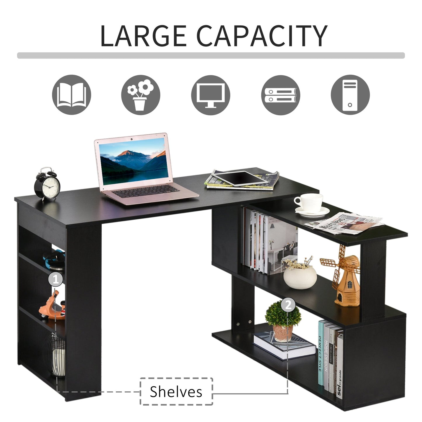 L Shaped Desk, 360° Rotating Corner Desk, Computer Writing Table Workstation with Storage Shelf for Home Office, Black Writing Desks   at Gallery Canada