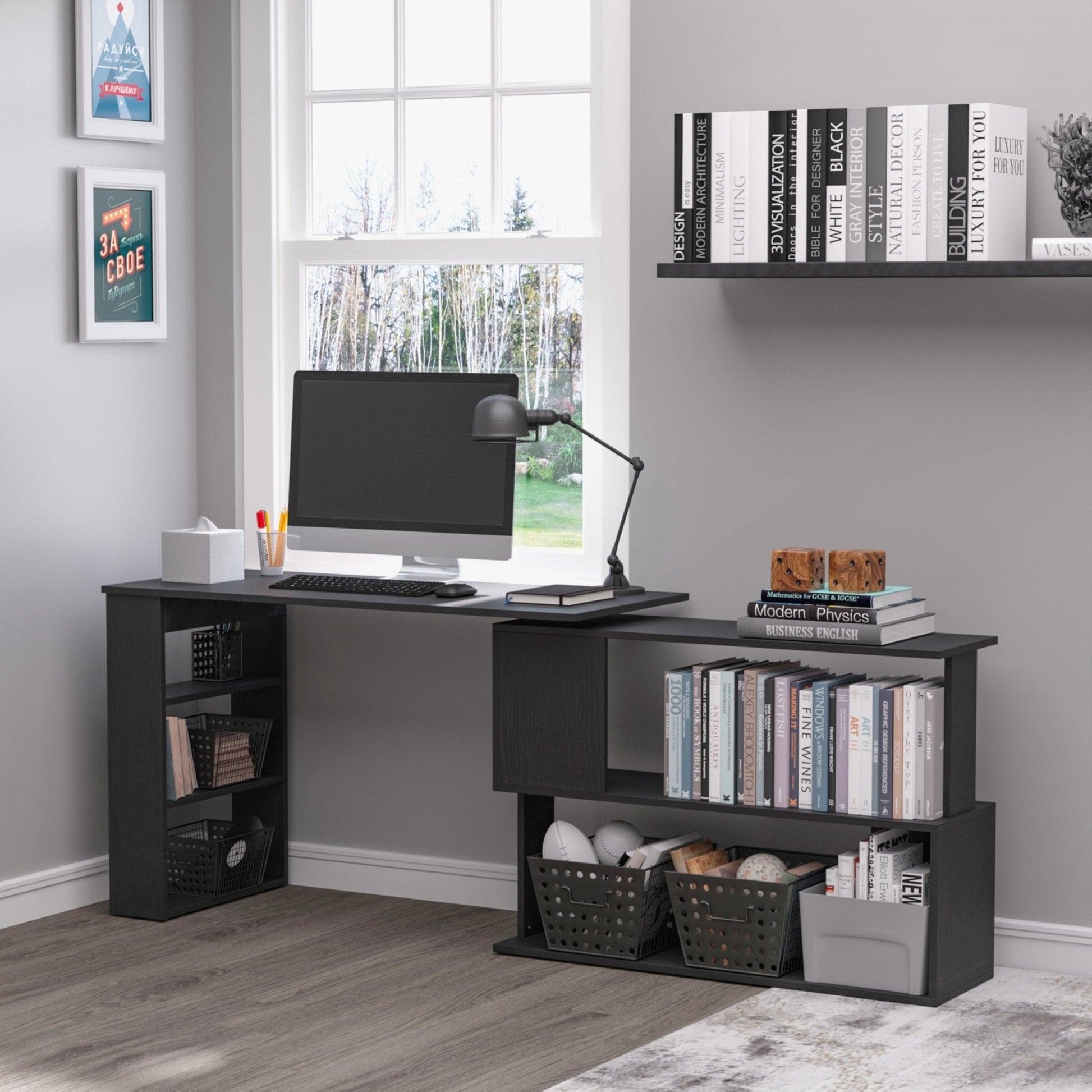 L Shaped Desk, 360° Rotating Corner Desk, Computer Writing Table Workstation with Storage Shelf for Home Office, Black Writing Desks   at Gallery Canada