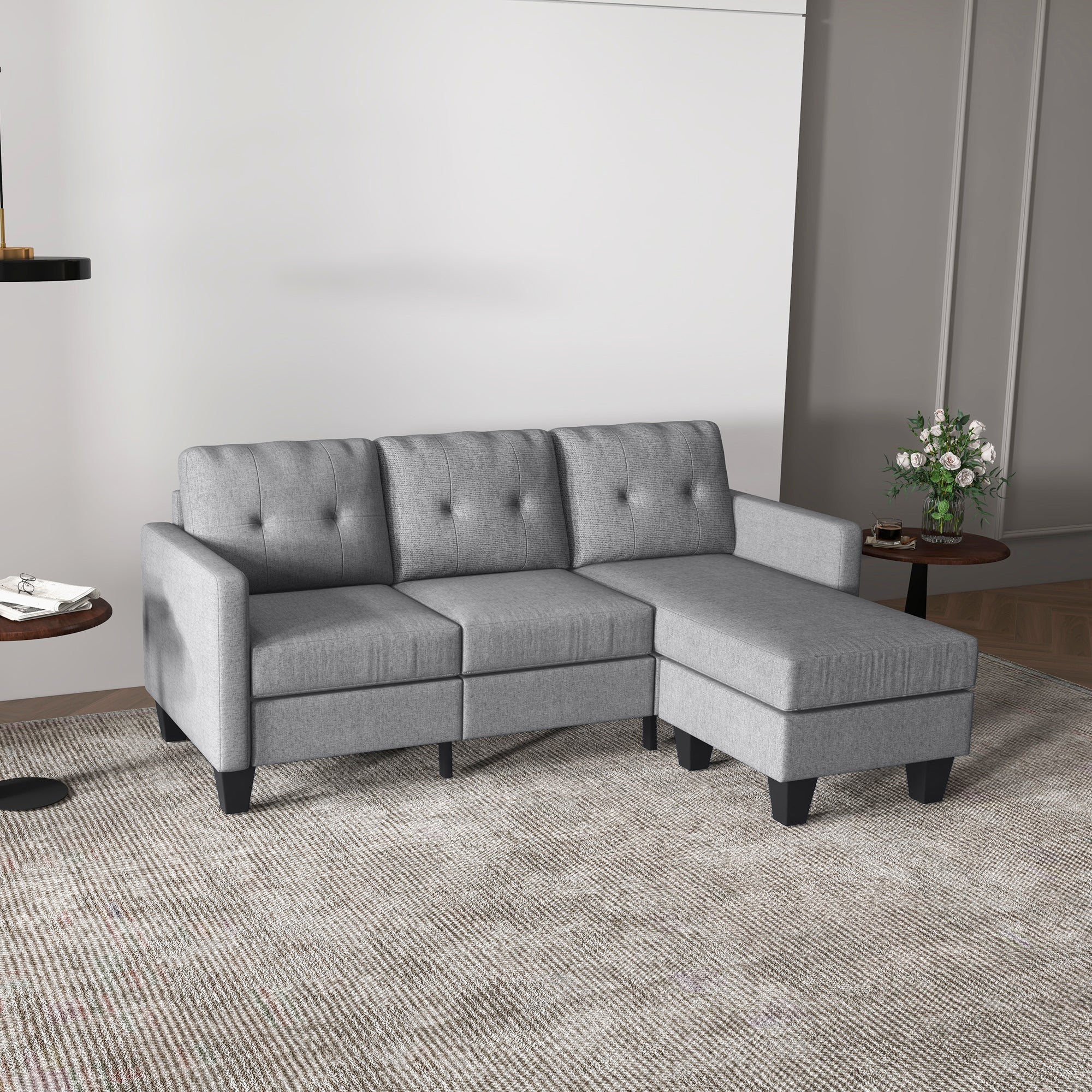 L-Shaped 3-Seater Sofa with Switchable Ottoman, Thick Cushions, Light Grey 3-Seater Sofas   at Gallery Canada