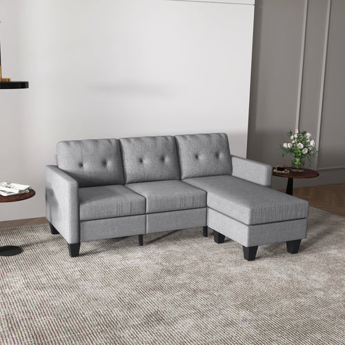 L-Shaped 3-Seater Sofa with Switchable Ottoman, Thick Cushions, Light Grey