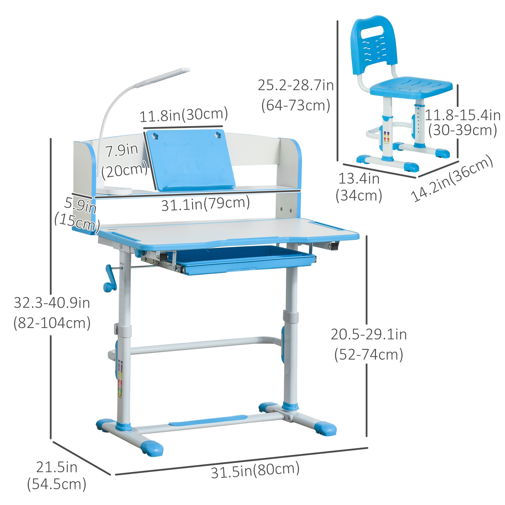 Kids Desk and Chair Set with Easy Rotation Handle, Height Adjustable Study Table and Chair Set with LED Lamp, Bookshelf, Drawer, Reading Board, Pen Slot, Hook, Blue Kids Desk Sets at Gallery Canada