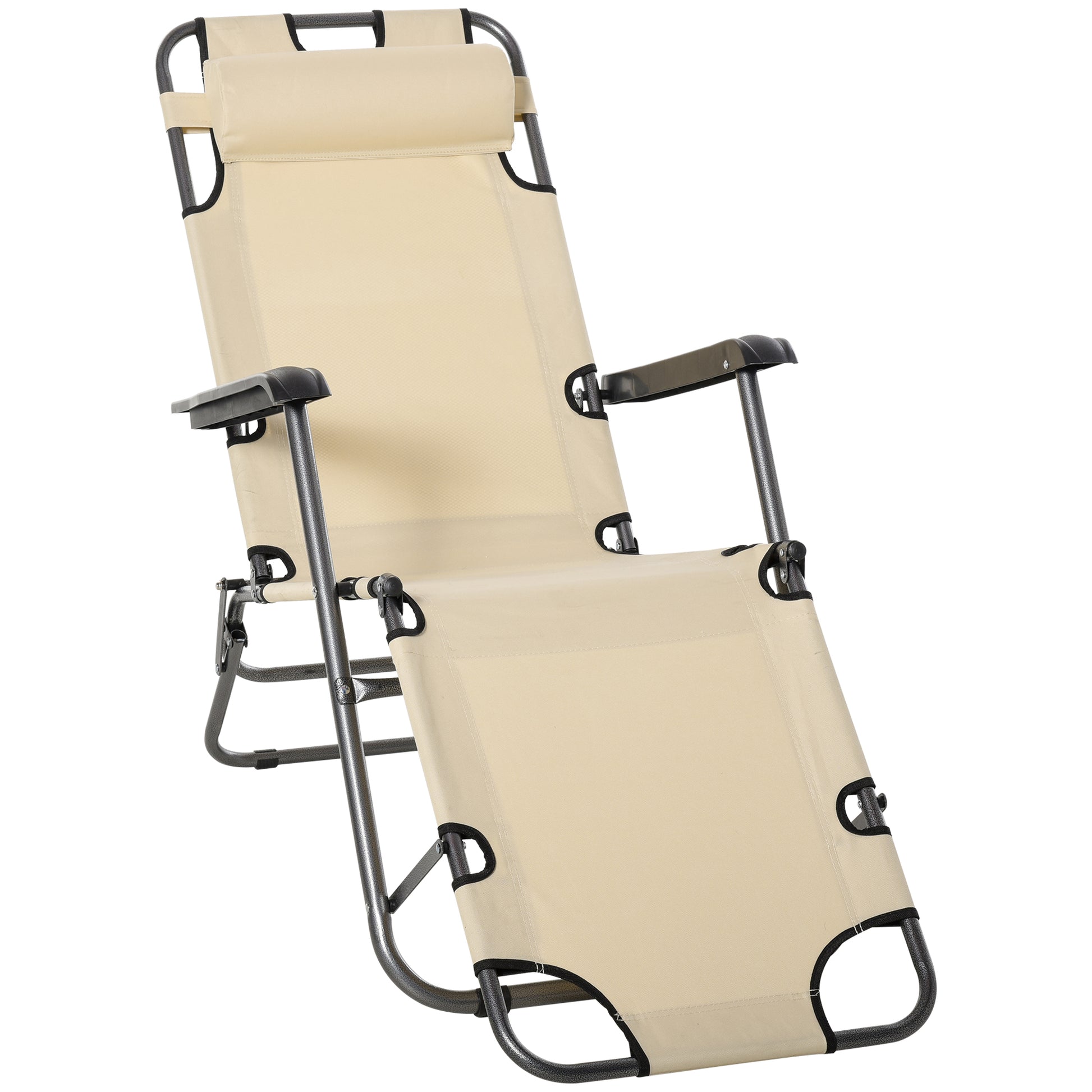 Folding Chaise Lounge Chair, Outdoor Portable 2-Level Adjustable Recliner Zero Gravity Chair with Headrest Pillow, Beige Lounger Chairs   at Gallery Canada