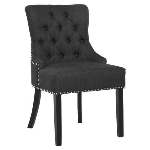 Button-Tufted Dining Chair, Fabric Upholstered Accent Chair with Nailed Trim &; Wood Legs for Living Room, Dark Grey