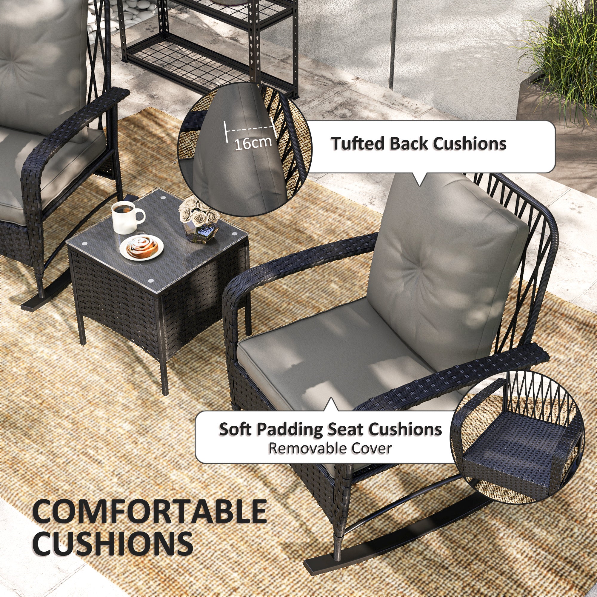 3 Pieces Rattan Bistro Set, Wicker Patio Furniture with Rocking Chairs, Thick Cushions for Porch Balcony, Grey Bistro Sets at Gallery Canada