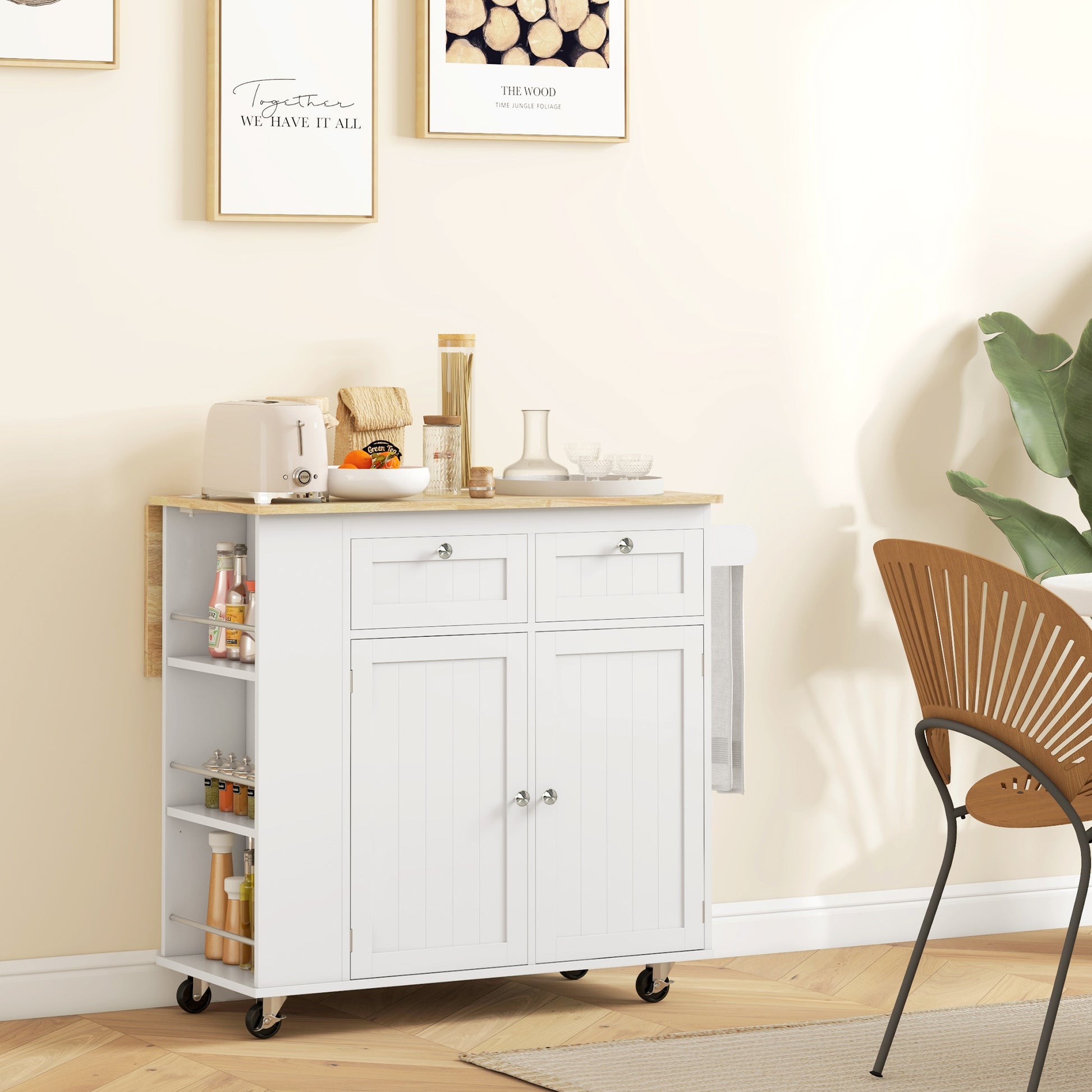 Kitchen Island with Power Outlet and Drop Leaf, Rolling Kitchen Cart with 2 Drawers and Adjustable Shelves Kitchen Islands & Kitchen Carts   at Gallery Canada