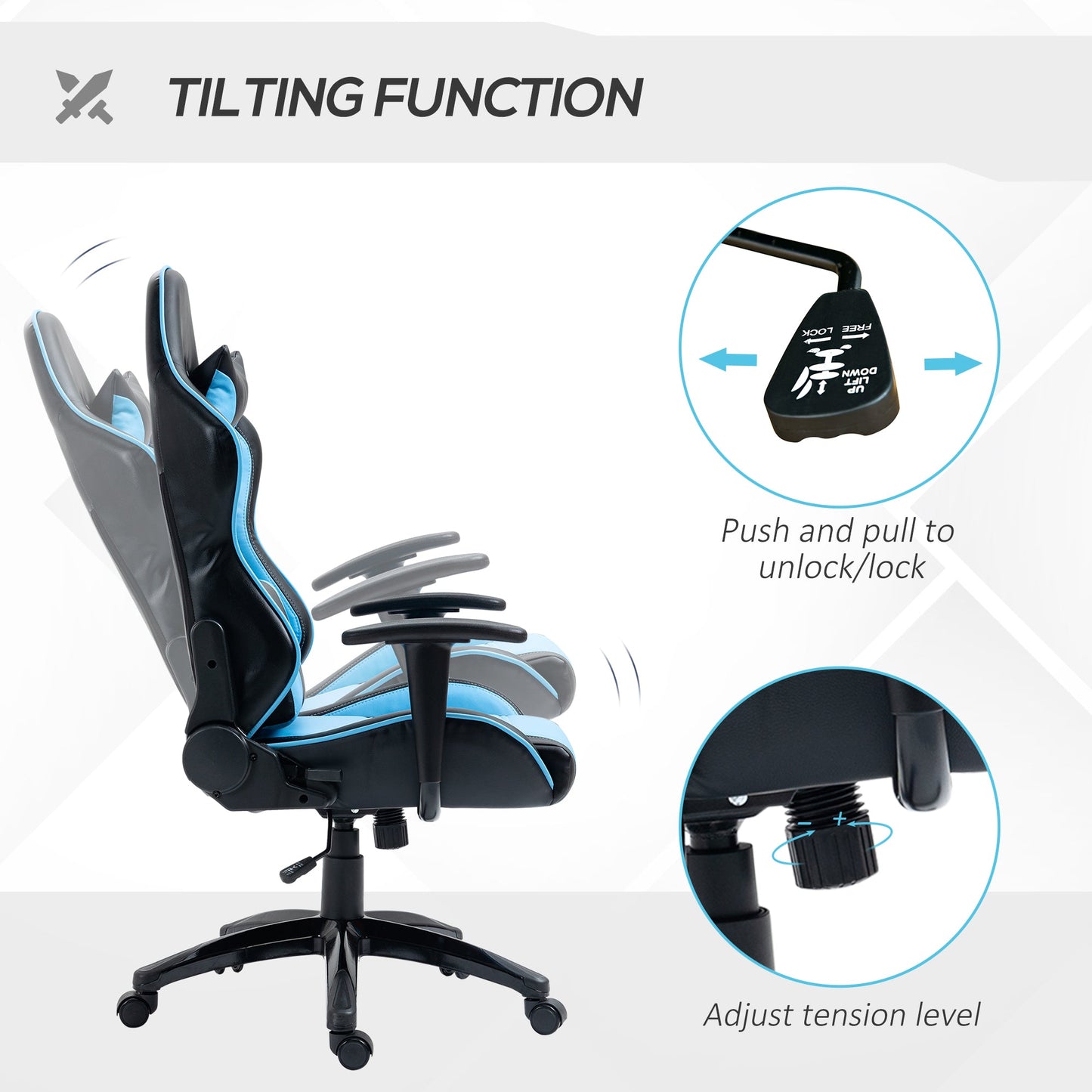 High Back Gaming Chair PU Leather Office Chair Desk Gamer Chair with Lumbar Support, Headrest, Adjustable Height, Blue and Black Video Game Chairs   at Gallery Canada