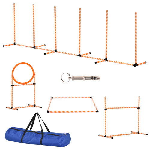 4PC Portable Pet Agility Training Set Hurdle for Dog Obstacle Exercise with Adjustable Height Jump Ring High Jumper Weave Poles Square Pause Box Carry Bag Whistle Orange and White