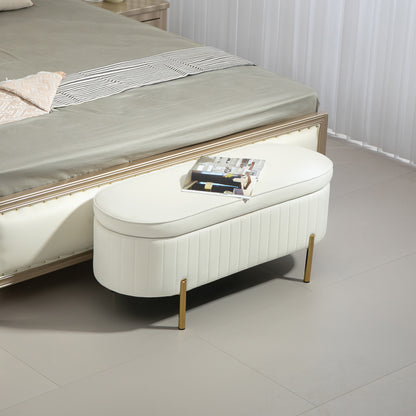 Upholstered Bedroom Bench, Channel Tufted Ottoman Bench with Thick Padding and Metal Legs, Cream White