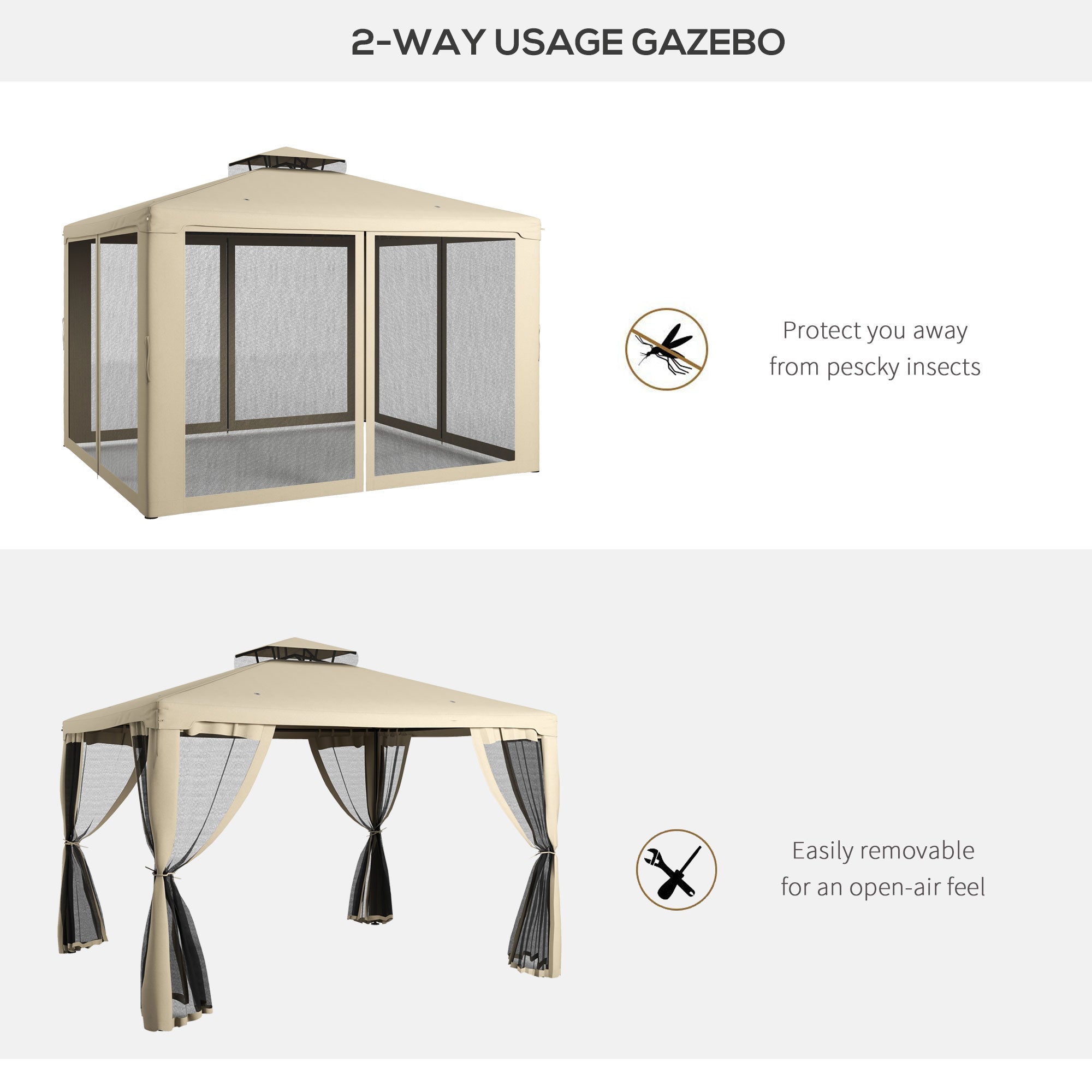 12' x 10' Patio Gazebo Outdoor Pavilion 2 Tire Roof Canopy Shelter Garden, Steel Frame w/ Mosquito Netting, Taupe Gazebos at Gallery Canada
