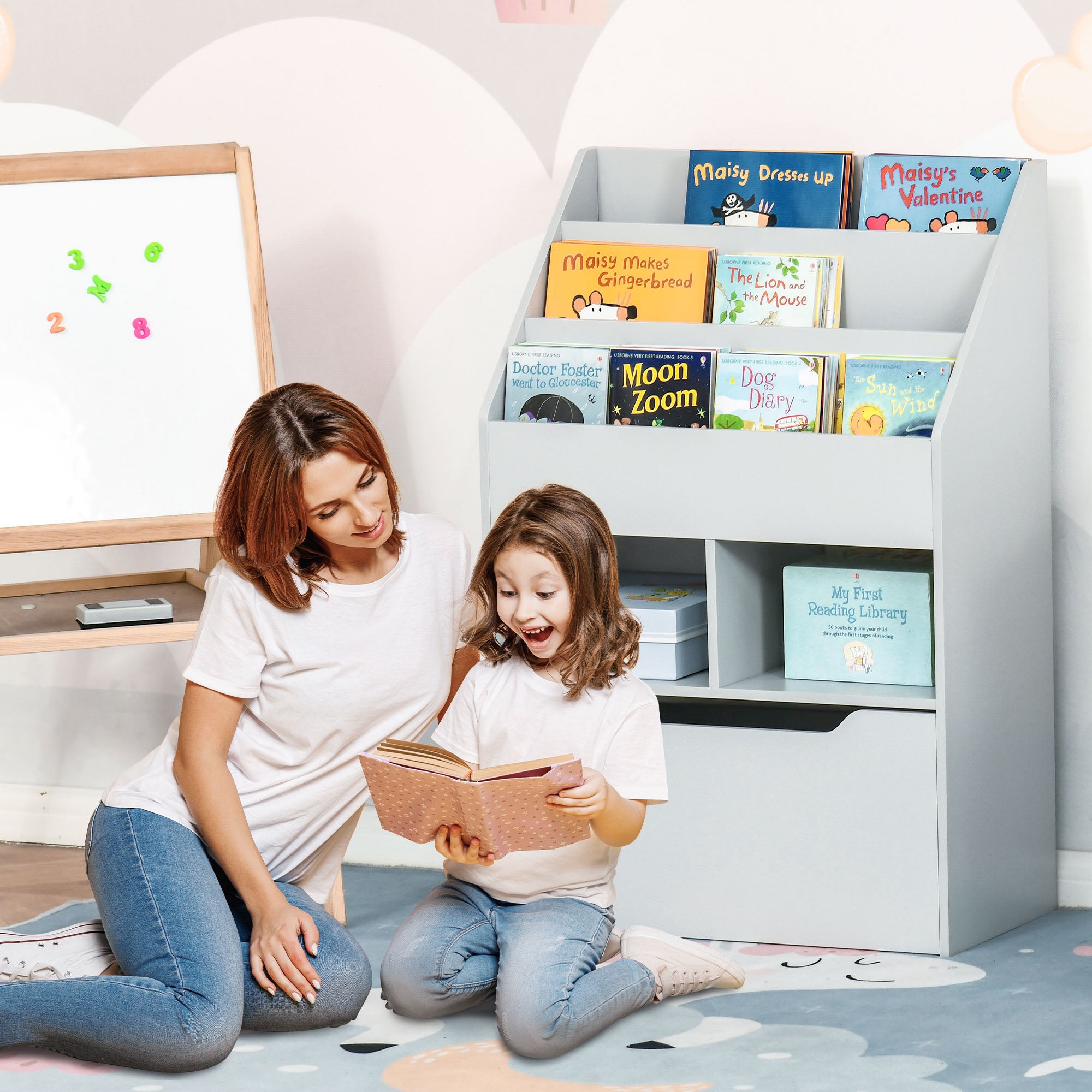 Kids Bookcase Multi-Shelf Rack Organizer with Storage Drawer for Books for Reading Nook, Classroom, Bedroom, Playroom, Grey Baby & Kids Storage at Gallery Canada