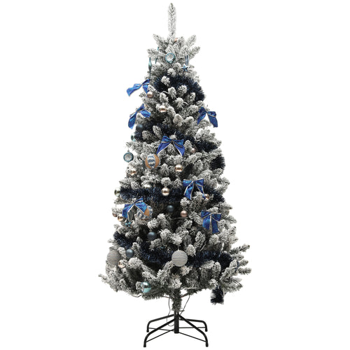 6ft Prelit Artificial Christmas Tree with Blue Ornaments, Flocked Christmas Tree with LED Lights for Home Office