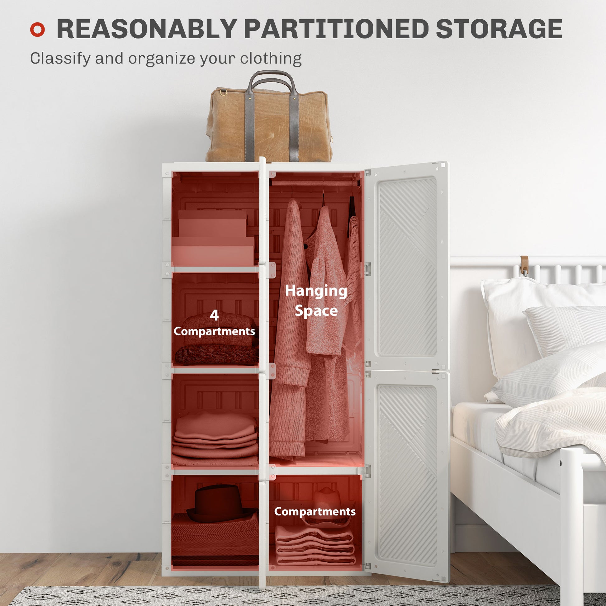 Portable Wardrobe, Foldable Clothes Storage Organzier with 4 Compartments, Hanging Rod, Magnet Doors, White Clothing Storage   at Gallery Canada