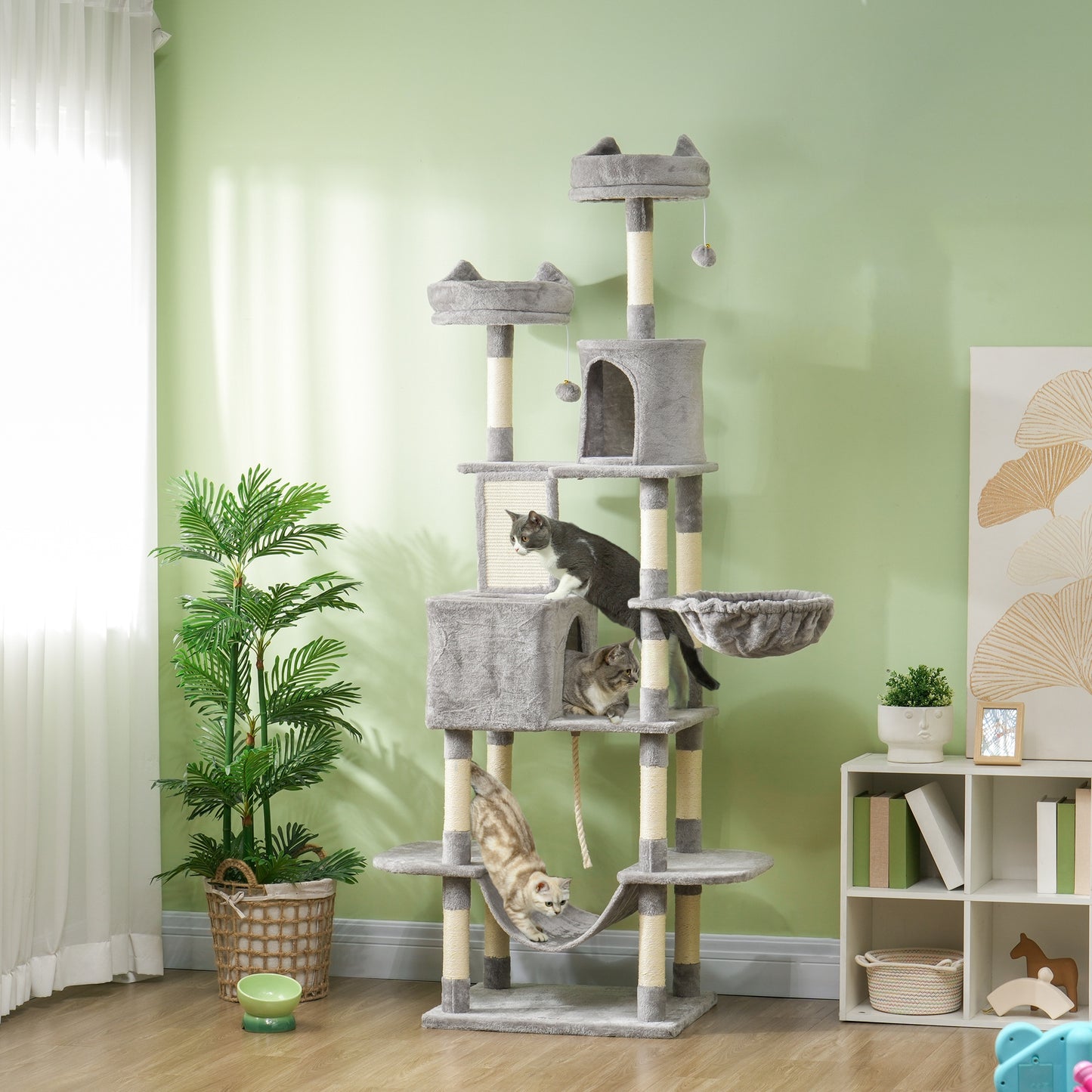 81" Large Cat Tree w/ Scratching Posts, Condos, Beds, Hammocks, Jumping Platforms, Toy Balls, Rope Cat Toy, Light Grey Cat Towers Multi Colour  at Gallery Canada