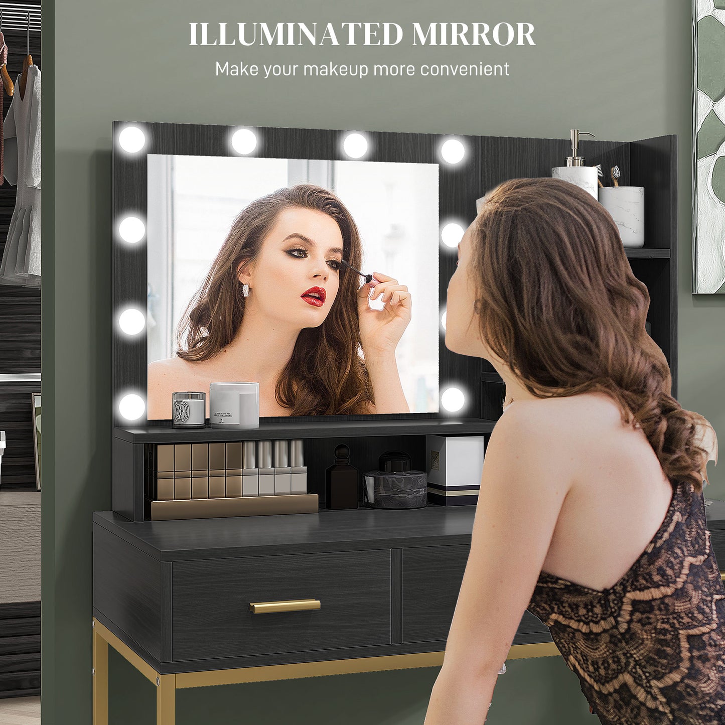 Illuminated Dressing Table, LED Vanity Table with Mirror, 3 Drawers and Storage Shelves for Bedroom, Black Dressing & Vanity Tables   at Gallery Canada