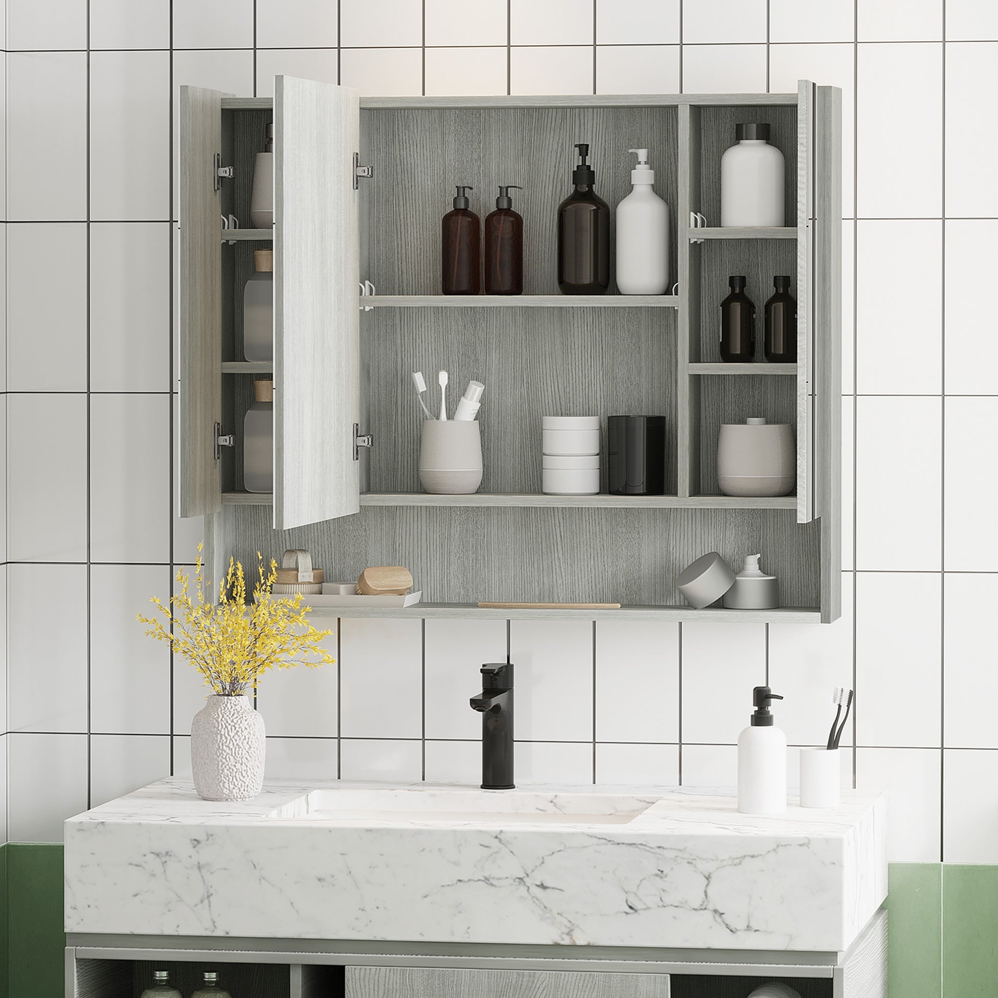 Wall Mounted Bathroom Medicine Cabinet with Mirror and Adjustable Shelves, Grey Mirror Medicine Cabinets   at Gallery Canada