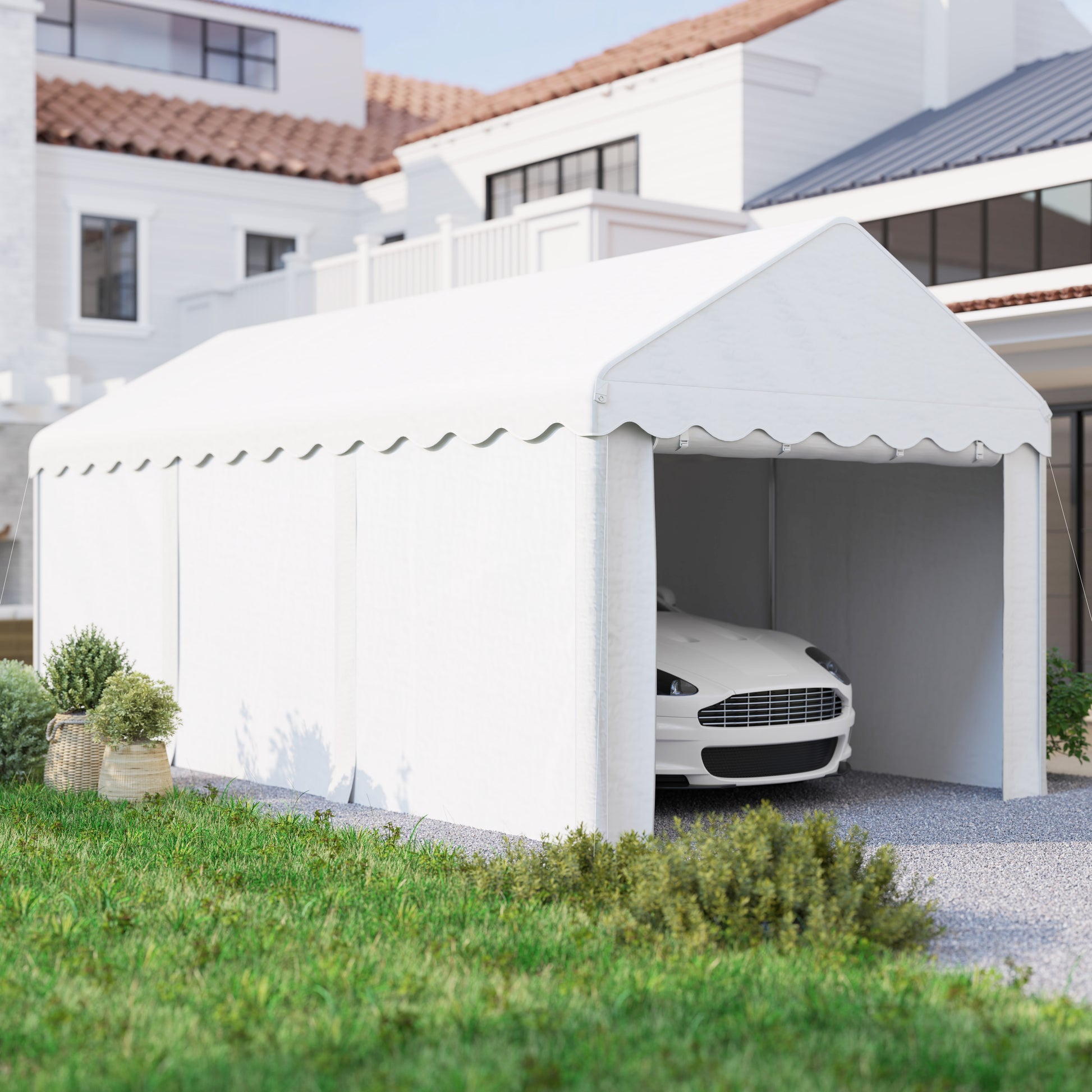 10 x 20ft Portable Garage Heavy Duty Carport with 2 Roll-up Doors and Removable Sidewalls for Car, Truck, Boat, White Car Shelters White at Gallery Canada