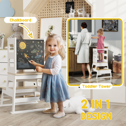 2 in 1 Toddler Tower Kitchen Helper w/ Chalkboard, Safety Rail, for Counter, Bathroom, Sink, Kitchen, White Toddler & Kids Step Stools at Gallery Canada