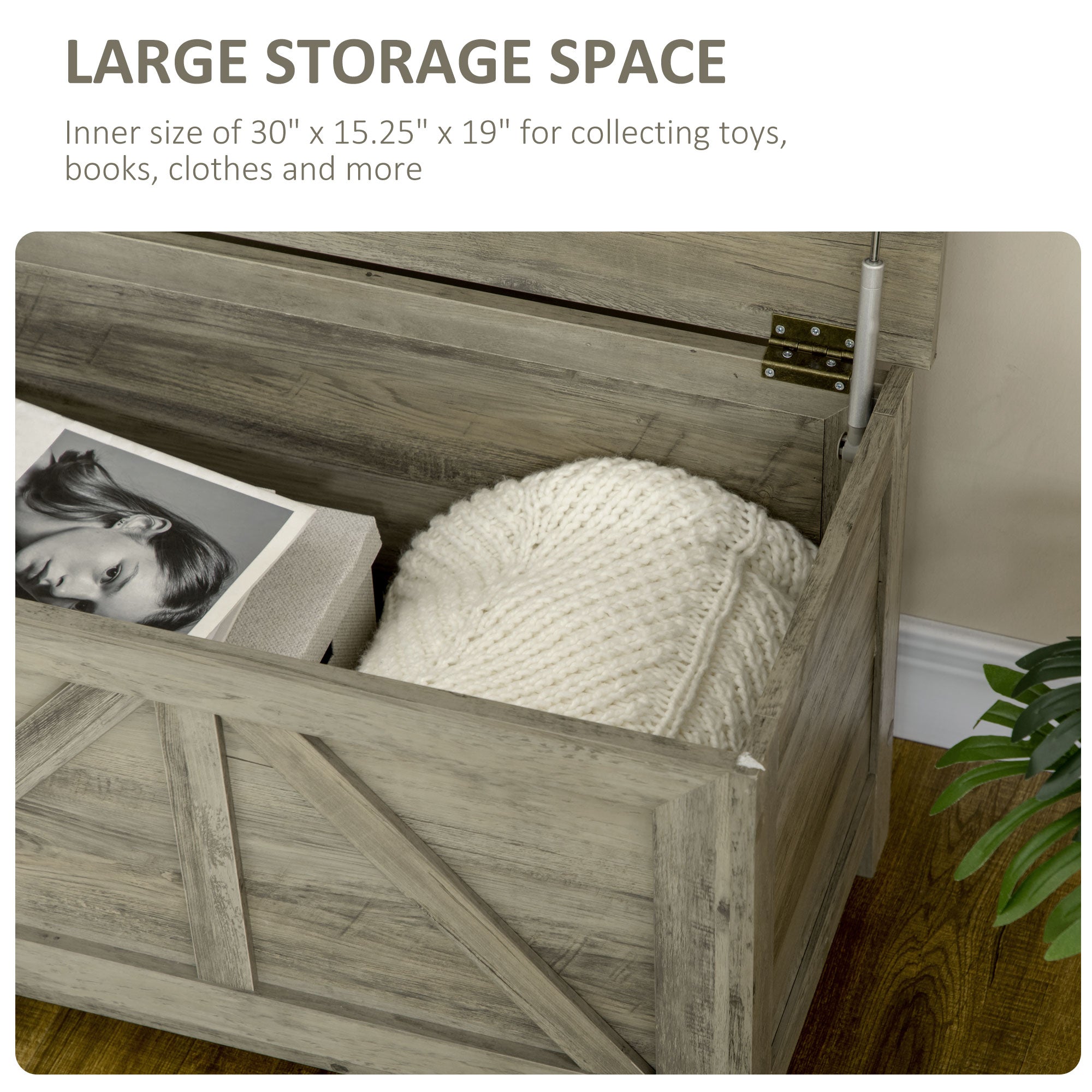 Storage Trunk Box Organizer with Farmhouse Panel, Safety Hinge to Open Up 100°, Grey Wood Grain Storage Cabinets at Gallery Canada