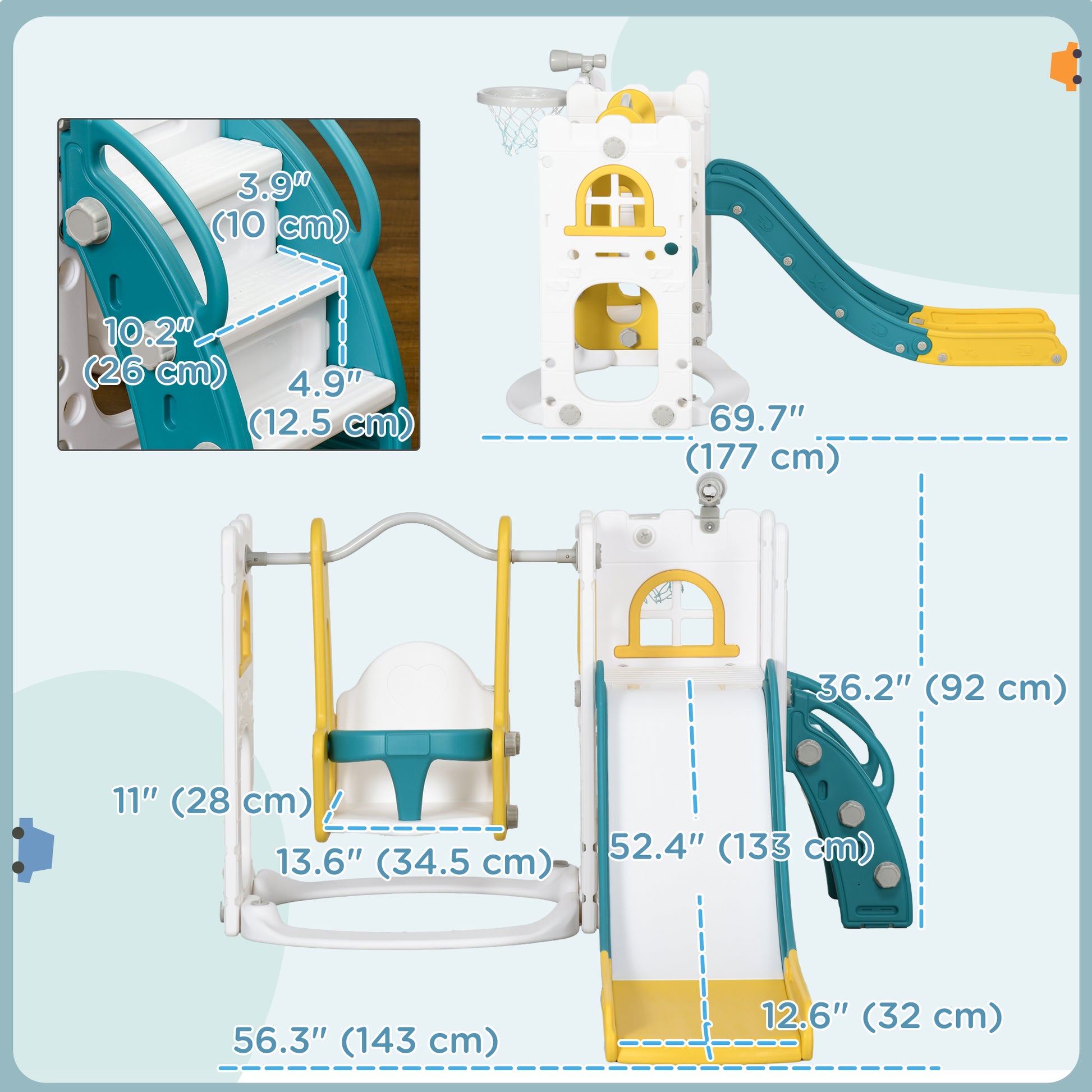 6-in-1 Slide and Swing Set Baby Swing Playset Indoor with Basketball Hoop, Climber, Storage Space, Telescope, Yellow Gym Sets & Swings Multi Colour  at Gallery Canada