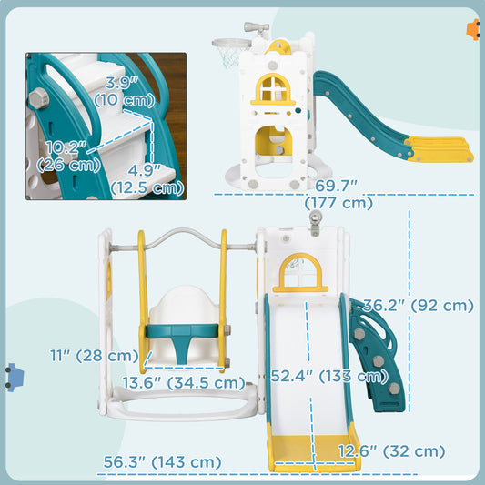 6-in-1 Slide and Swing Set Baby Swing Playset Indoor with Basketball Hoop, Climber, Storage Space, Telescope, Yellow Gym Sets & Swings   at Gallery Canada