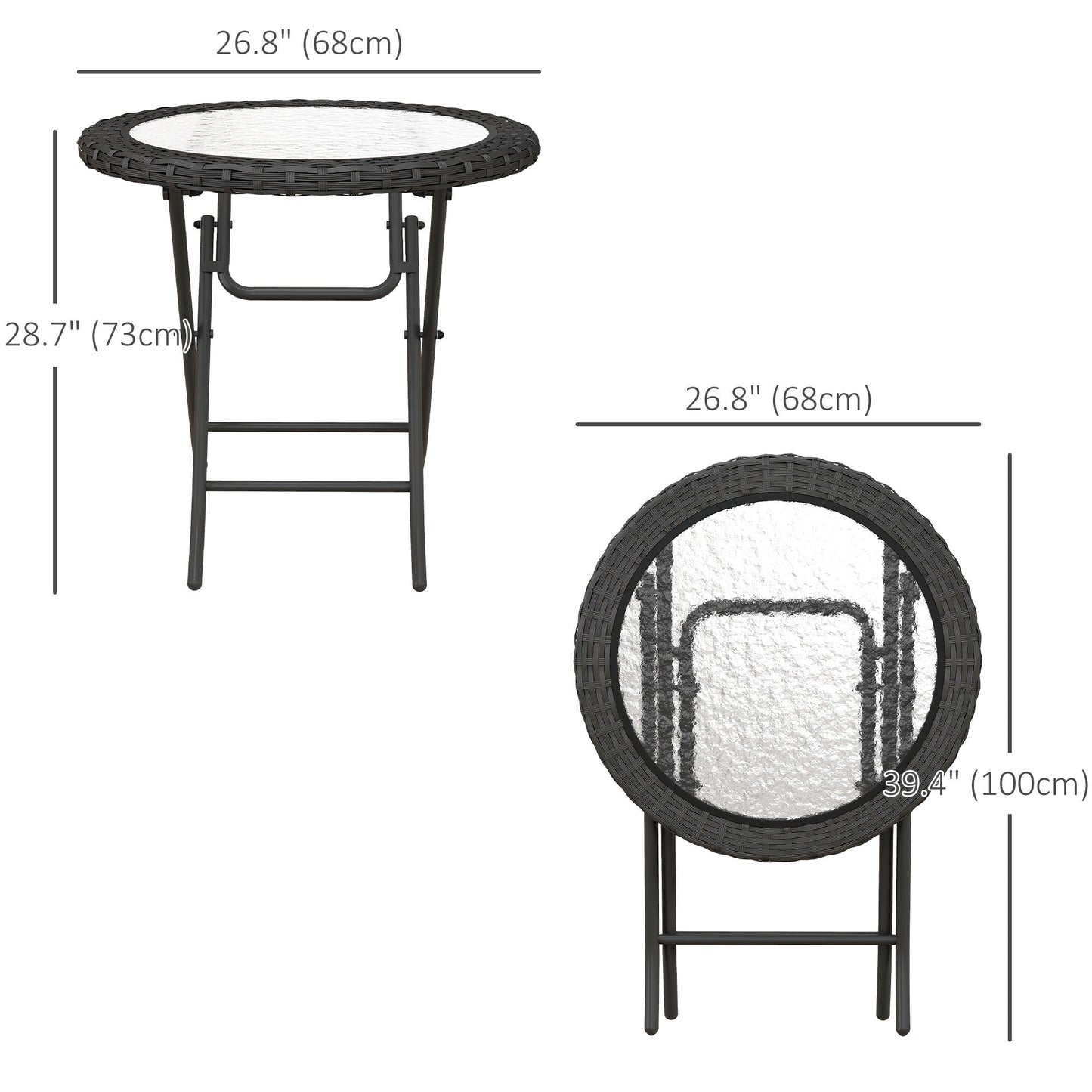 Folding Round Tempered Glass Metal Table with Edging, Black Patio Side Tables   at Gallery Canada