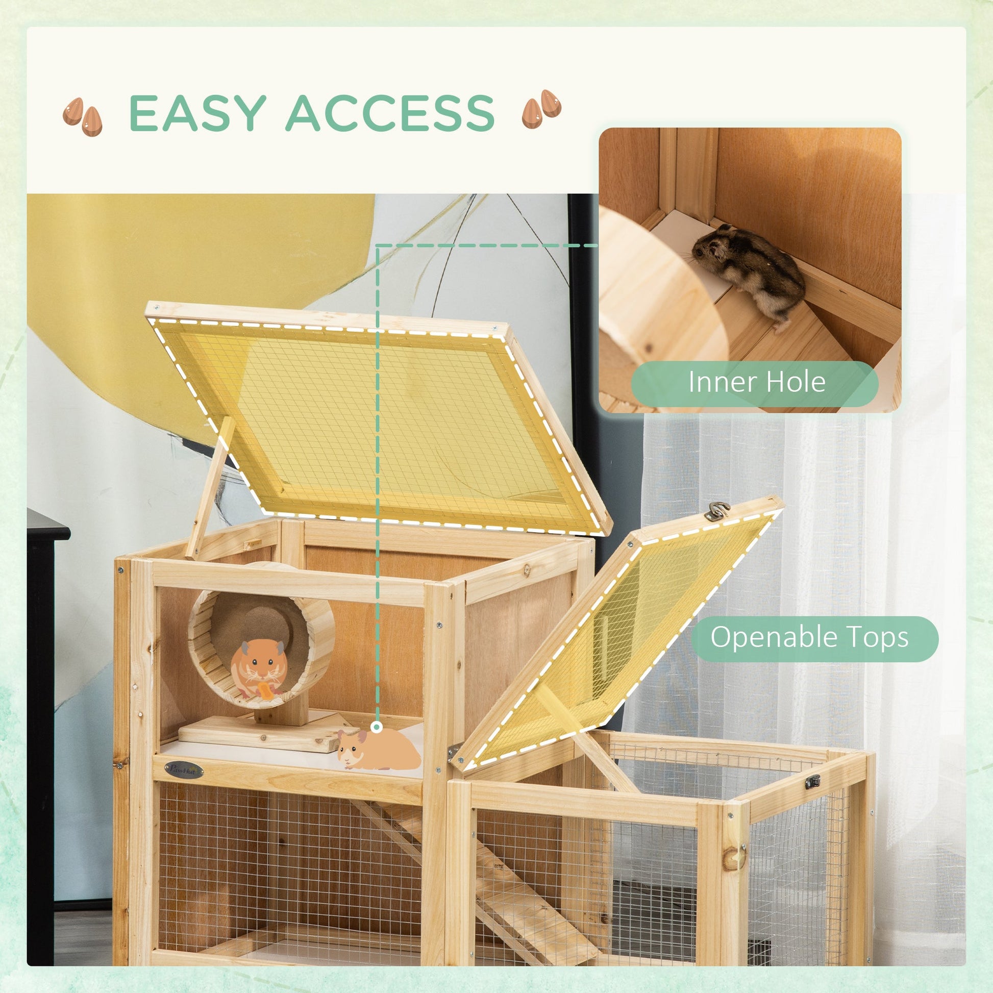 Wooden Hamster Cage, Mice Rodent Small Animals Kit Hutch, 2 Tiers Exercise Play House, with Sliding Tray, Ladder, Seesaw, Running Wheel, Openable Roofs, 31" x 16" x 23.5", Natural Wood - Gallery Canada