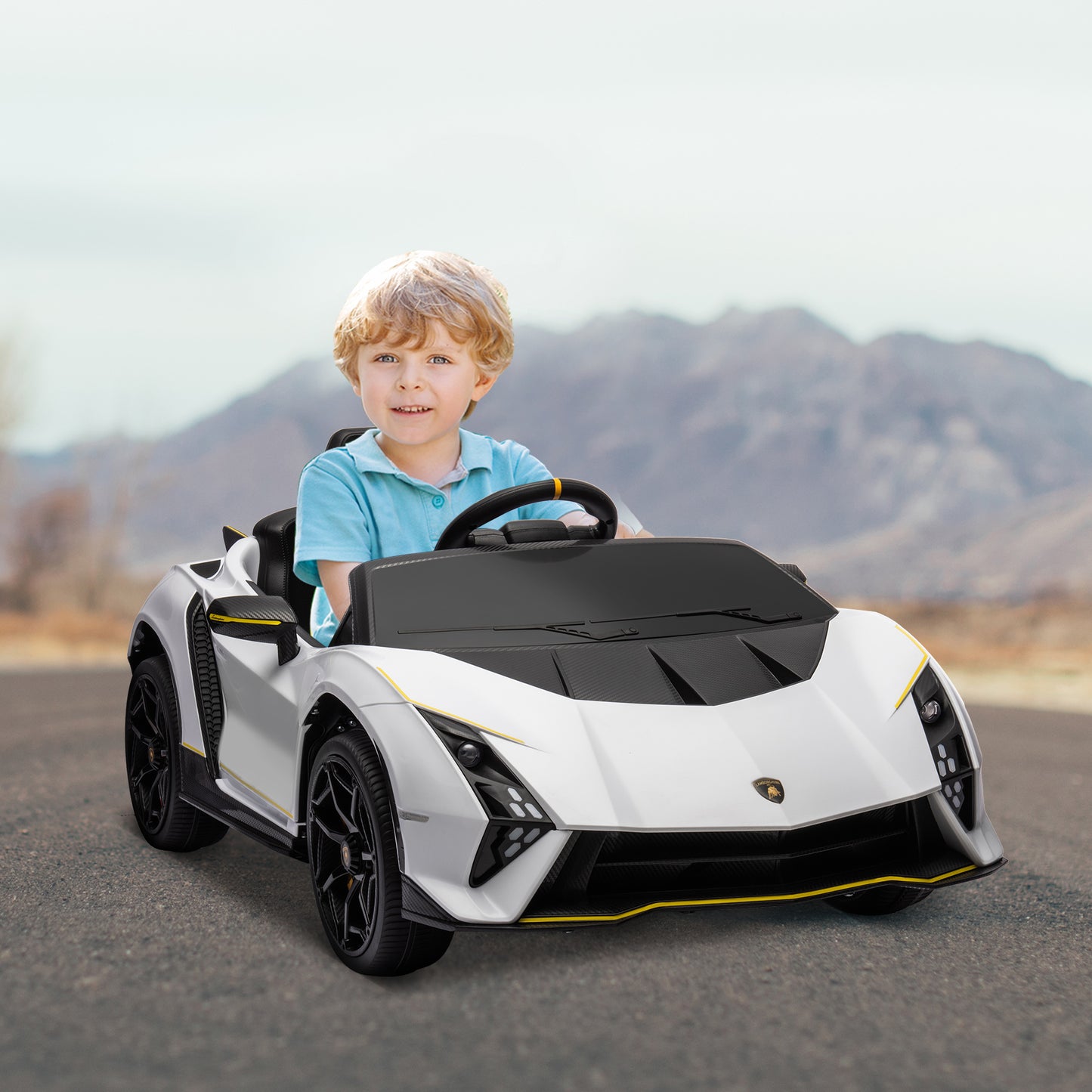 12V Lamborghini Autentica Licensed Kids Car with Remote Control, 4 Wheels Spring Suspension, Soft Start, White Electric Toy Cars   at Gallery Canada