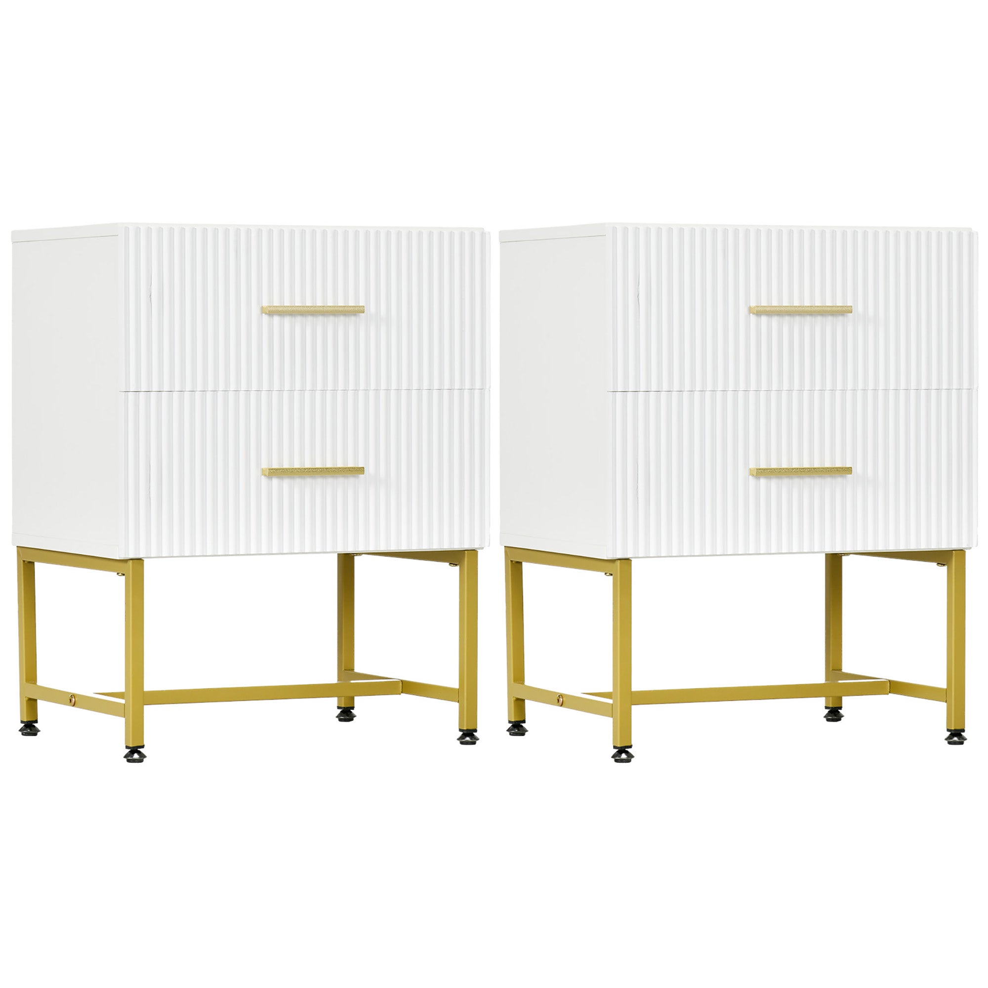 2 Pieces Nightstands with Storage, Modern Bedside Tables with 2 Fluted Drawers and Gold Legs for Bedroom, White Bedside Tables at Gallery Canada