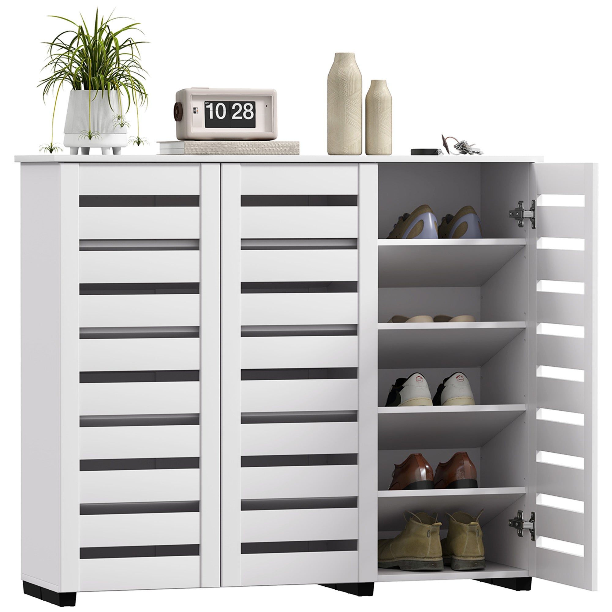 Narrow Shoe Cabinet with Slatted Doors, Adjustable Shelves for 20 Pairs of Shoes, Shoe Cabinet for Entryway, White Shoe Storage Cabinets & Racks at Gallery Canada