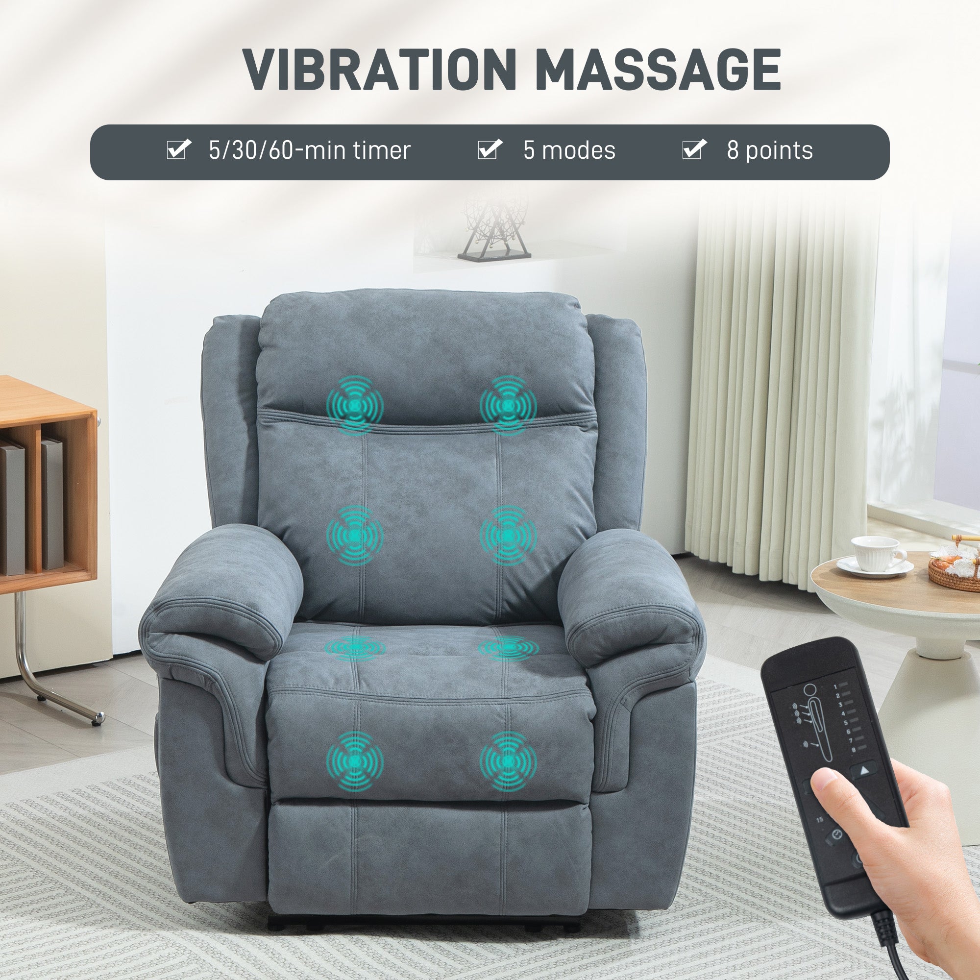 Manual Recliner Chair with Vibration Massage, Side Pockets, Microfibre Reclining Chair for Living Room, Blue Sofas & Reclining Chairs at Gallery Canada