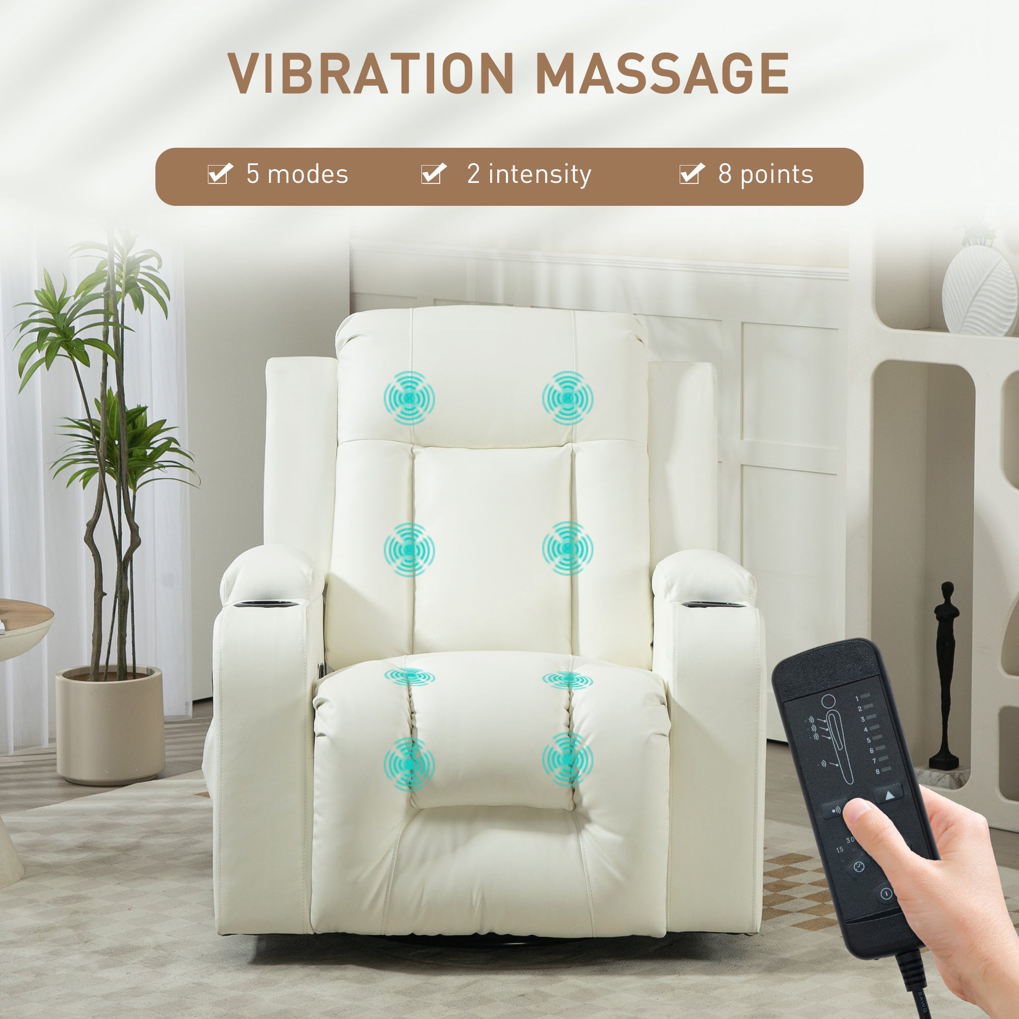 Massage Recliner Chair for Living Room with 8 Vibration, Overstuffed PU Leather Manual Reclining Chair with Wide Seat, Cup Holders, 360° Swivel, Rocking, Cream White Single Sofas at Gallery Canada