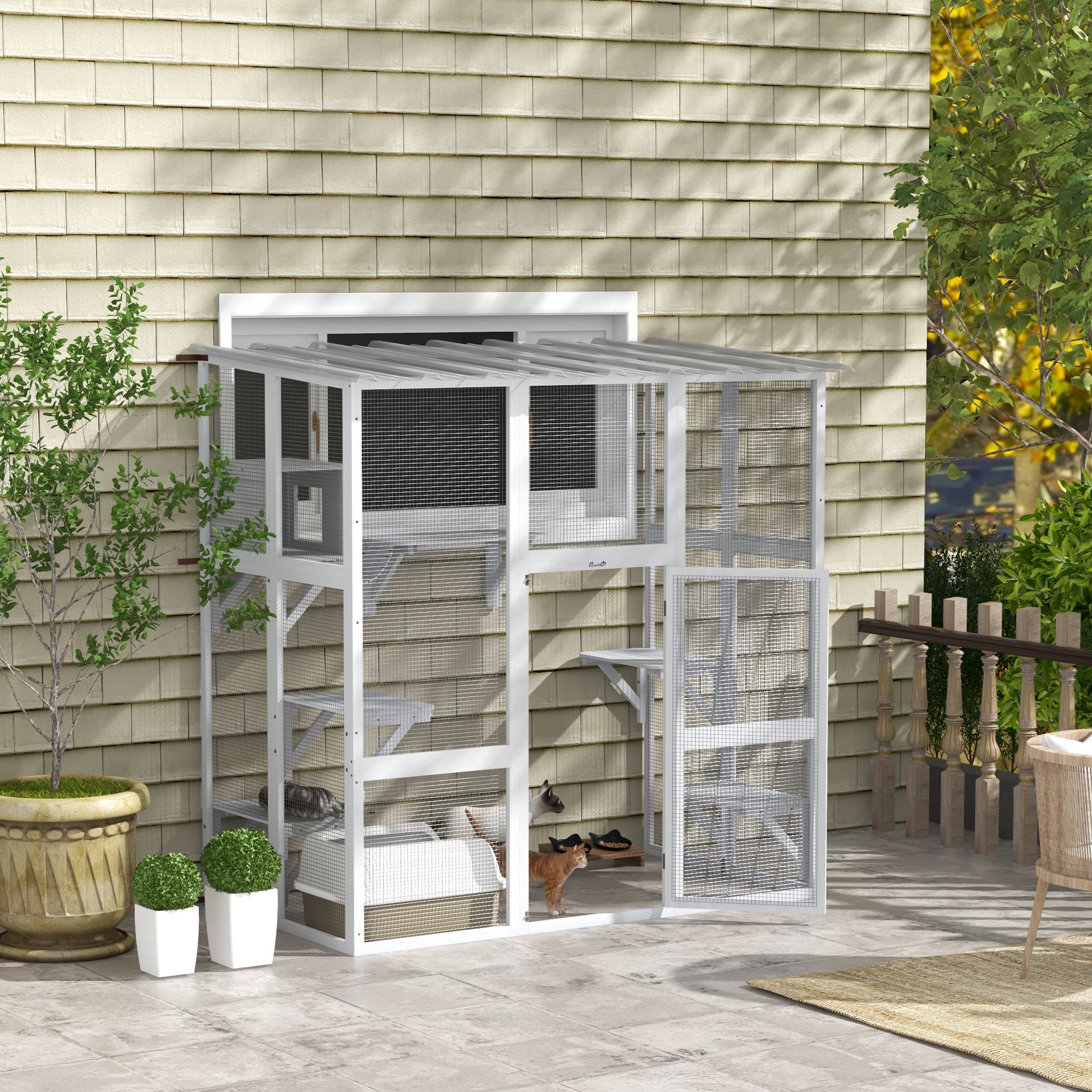 Outdoor Cat Enclosure Window Box with Weatherproof Roof, Bridge, Resting Box, Platforms, for 2 Kittens, White Outdoor Cat Enclosures at Gallery Canada