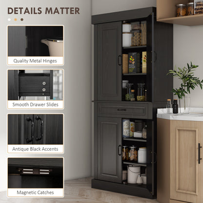 71" Freestanding Kitchen Pantry with 4 Doors and 2 Cabinets, Tall Storage Cabinet for Kitchen, Distressed Black Kitchen Pantry Cabinets   at Gallery Canada